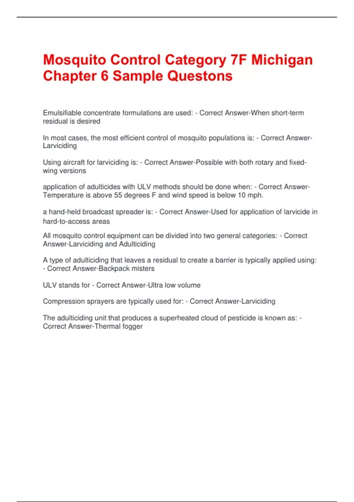 Mosquito Control Category 7F Michigan Chapter 6 Sample Questions and