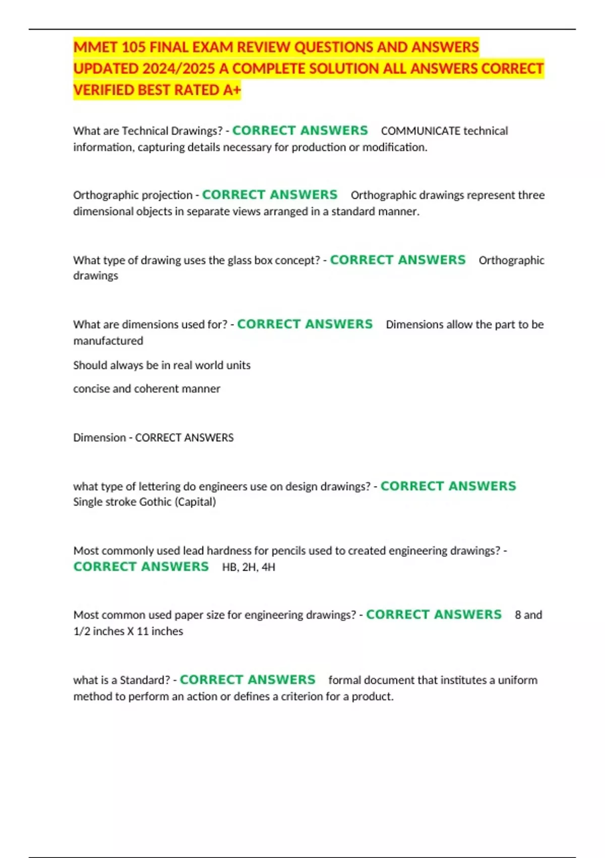 MMET 105 FINAL EXAM REVIEW QUESTIONS AND ANSWERS UPDATED 2024/2025 A ...