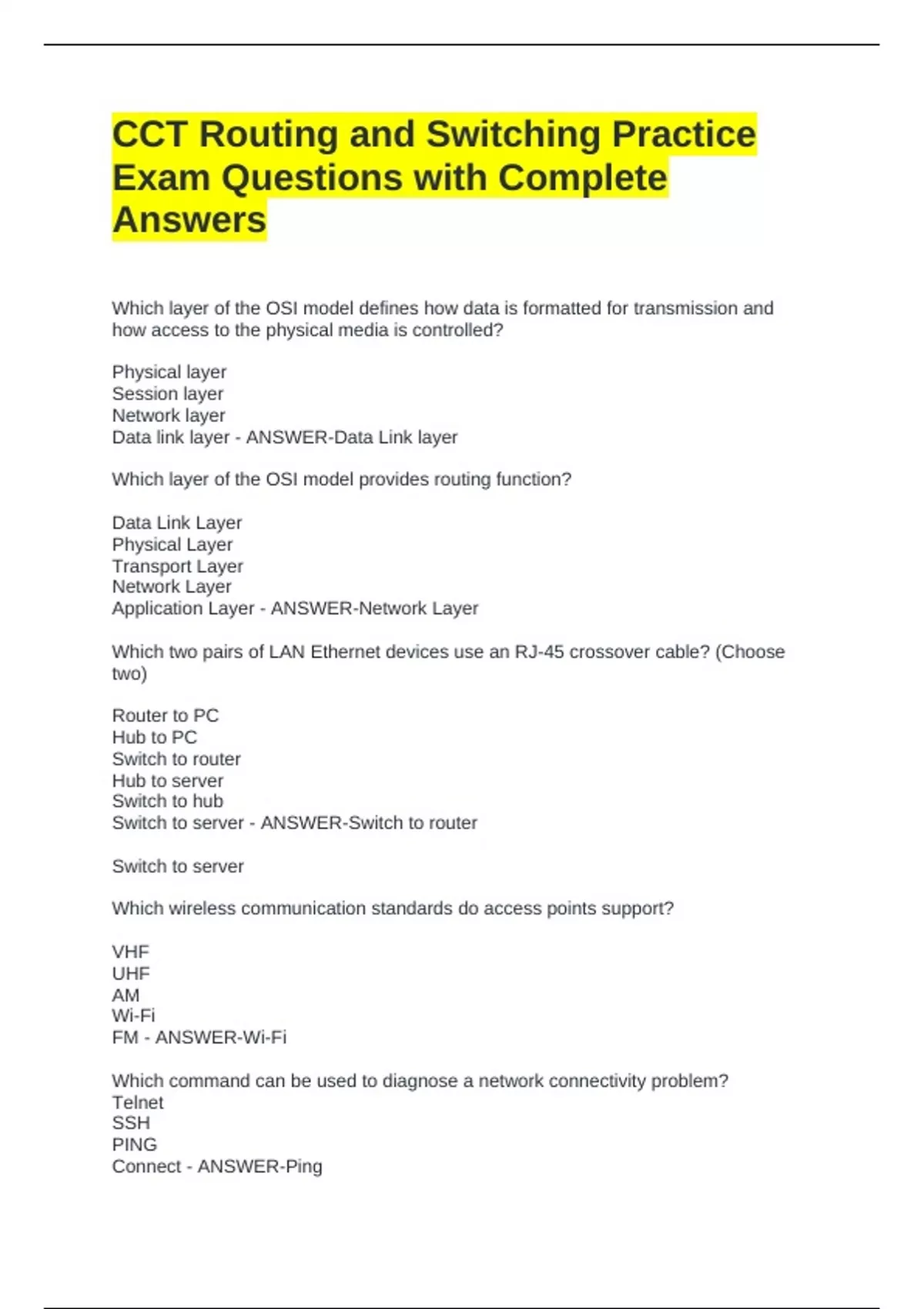CCT Routing and Switching Practice Exam Questions with Complete Answers ...