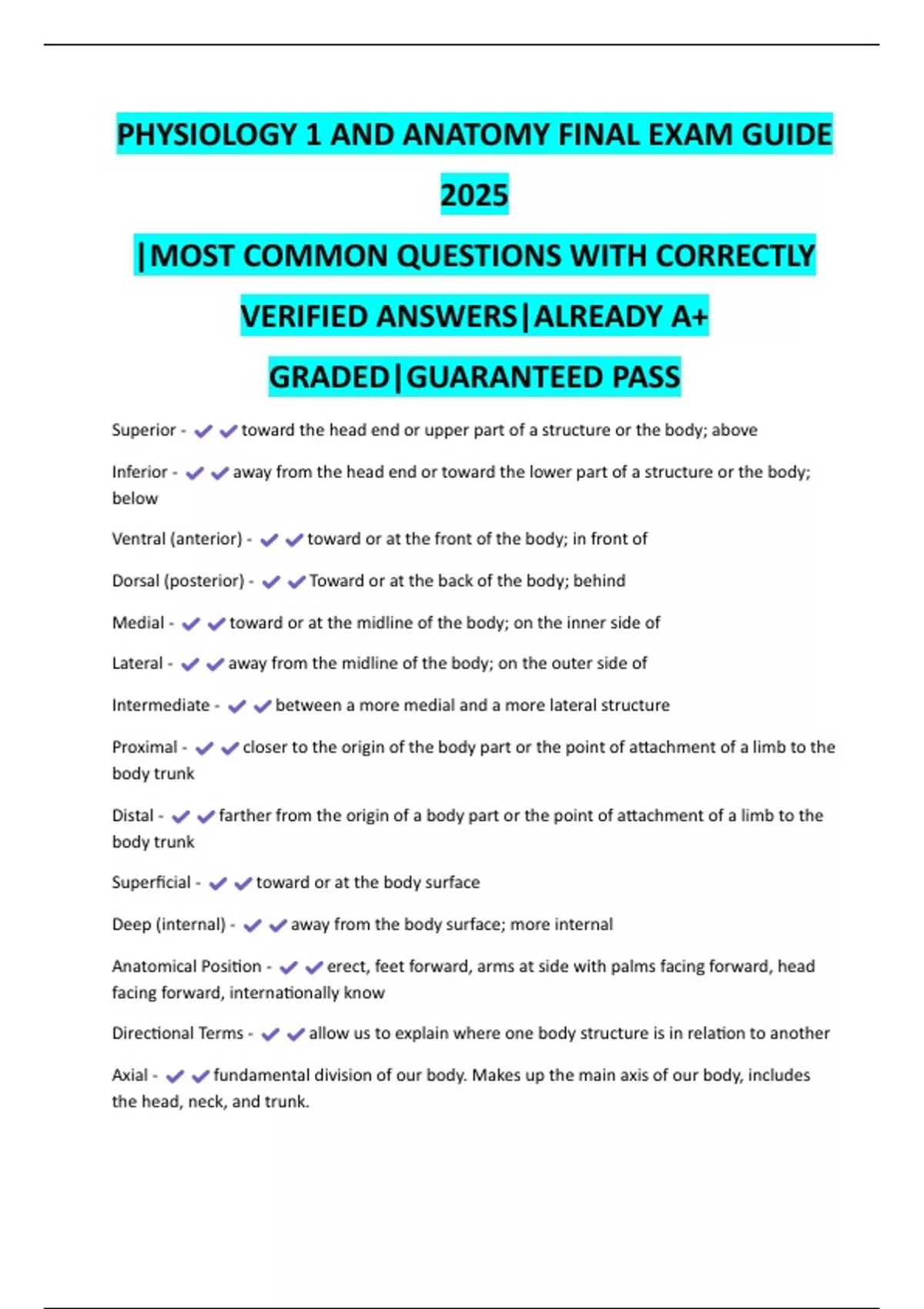 PHYSIOLOGY 1 AND ANATOMY 2025 Full Course Solution Set | Verified Final ...