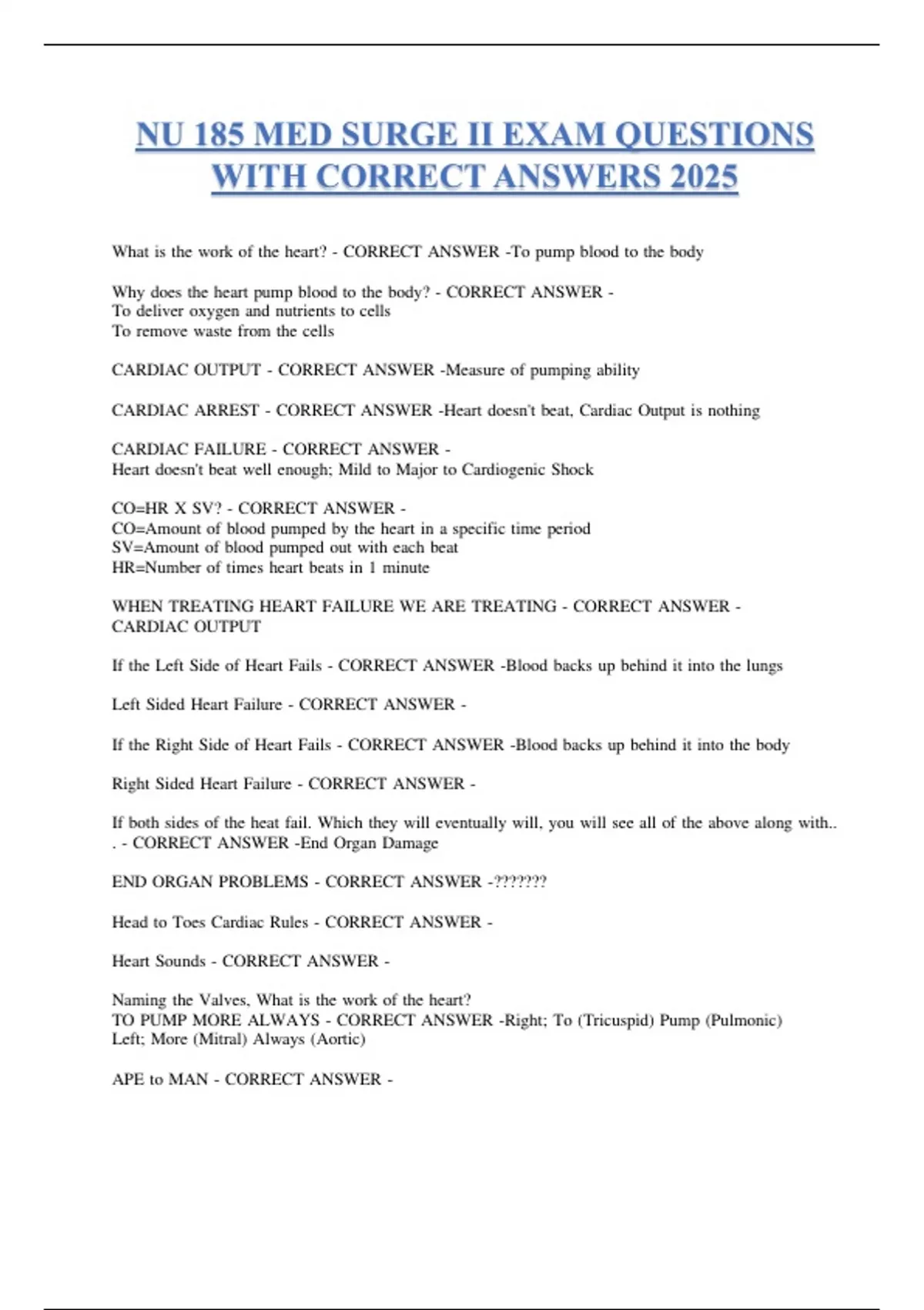 NU 185 MED SURGE II EXAM QUESTIONS WITH CORRECT ANSWERS 2025 - NU 185 ...