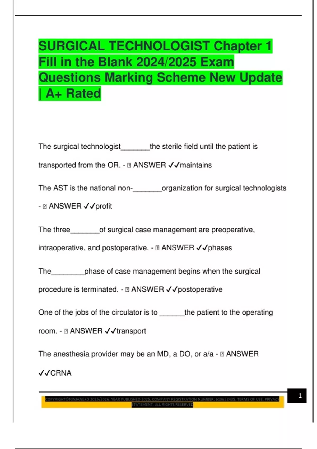 SURGICAL TECHNOLOGIST Chapter 1 Fill in the Blank 2024/2025 Exam ...