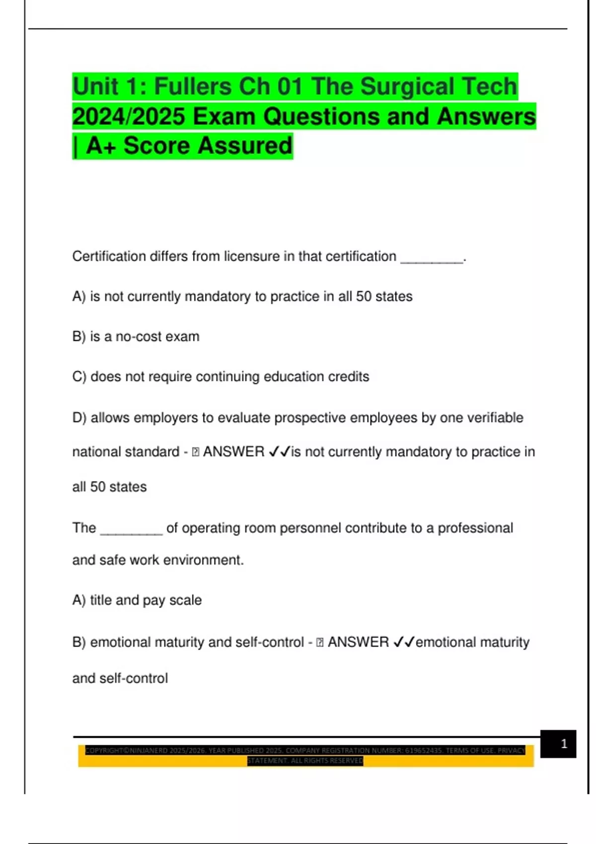 Unit 1: Fullers Ch 01 The Surgical Tech 2024/2025 Exam Questions and ...