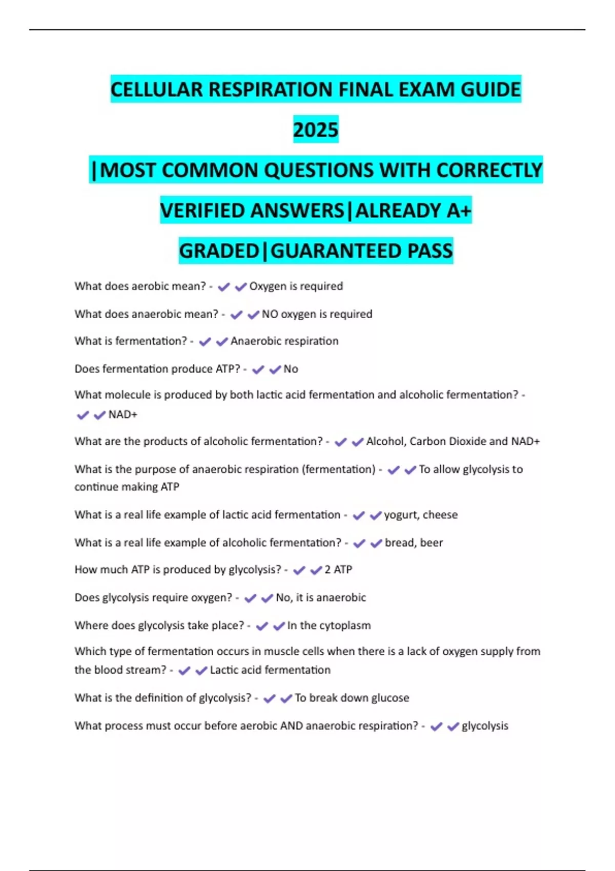 CELLULAR RESPIRATION FINAL EXAM GUIDE 2025 |MOST COMMON QUESTIONS WITH ...