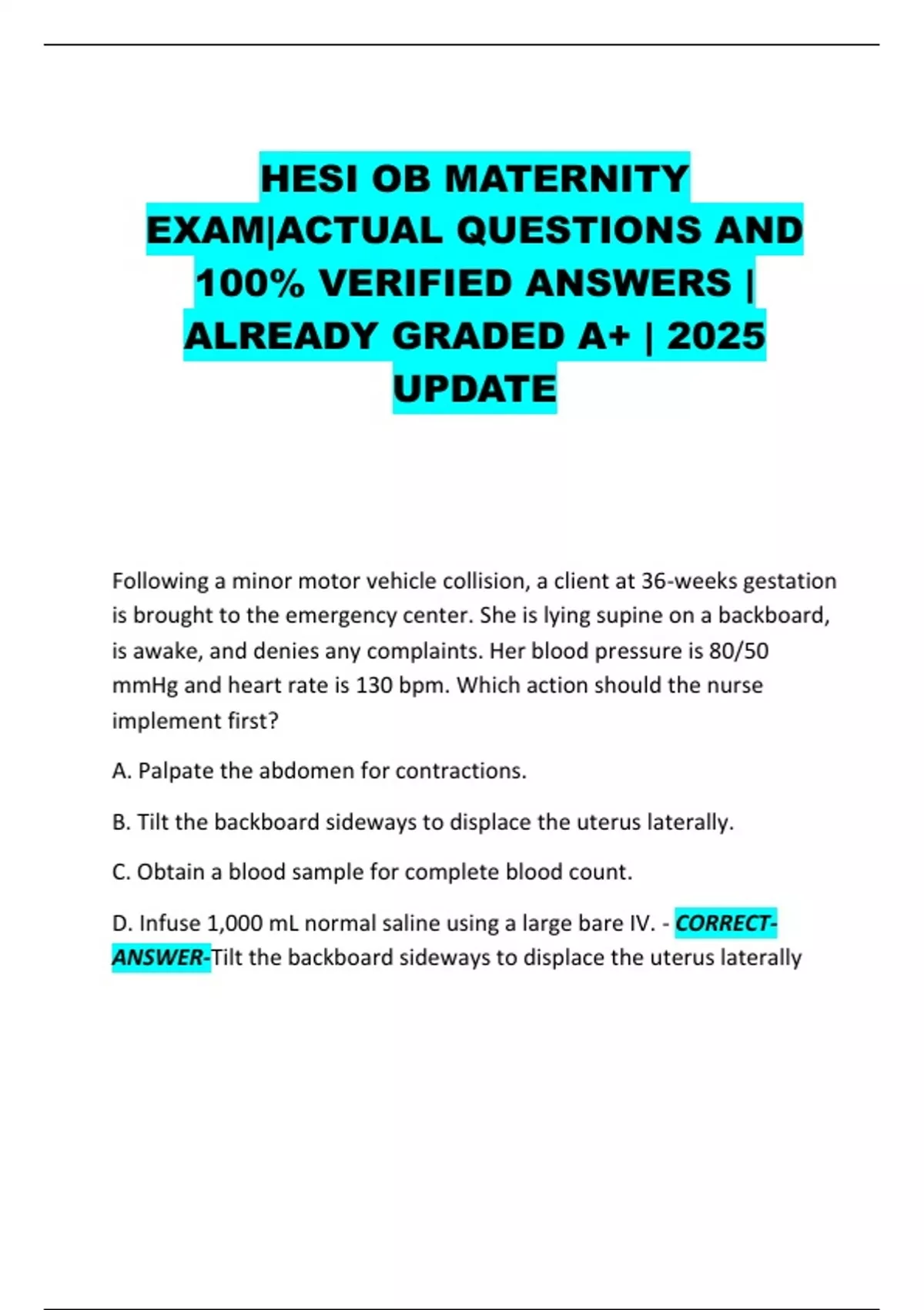 HESI OB MATERNITY EXAM|ACTUAL QUESTIONS AND 100% VERIFIED ANSWERS ...