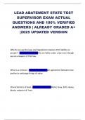 LEAD ABATEMENT STATE TEST SUPERVISOR EXAM ACTUAL QUESTIONS AND 100&percnt; VERIFIED ANSWERS &vert; ALREADY GRADED A&plus; &vert;2025 UPDATED VERSION
