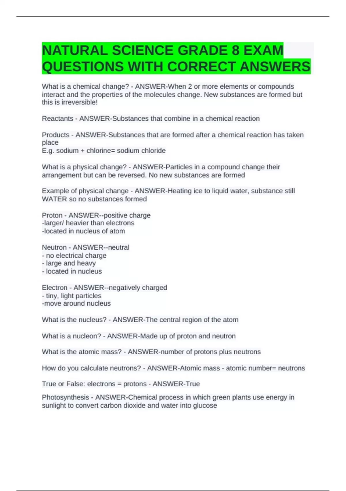 NATURAL SCIENCE GRADE 8 EXAM QUESTIONS WITH CORRECT ANSWERS - NATURAL ...