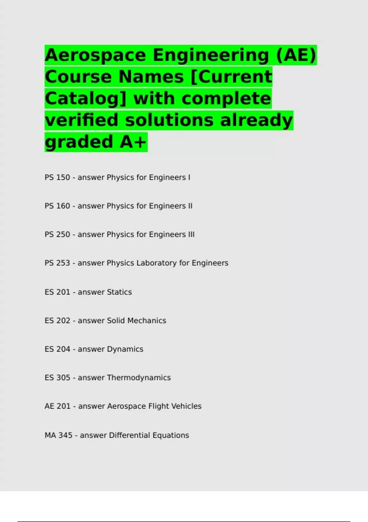 Aerospace Engineering (AE) Course Names -Current Catalog- with complete ...