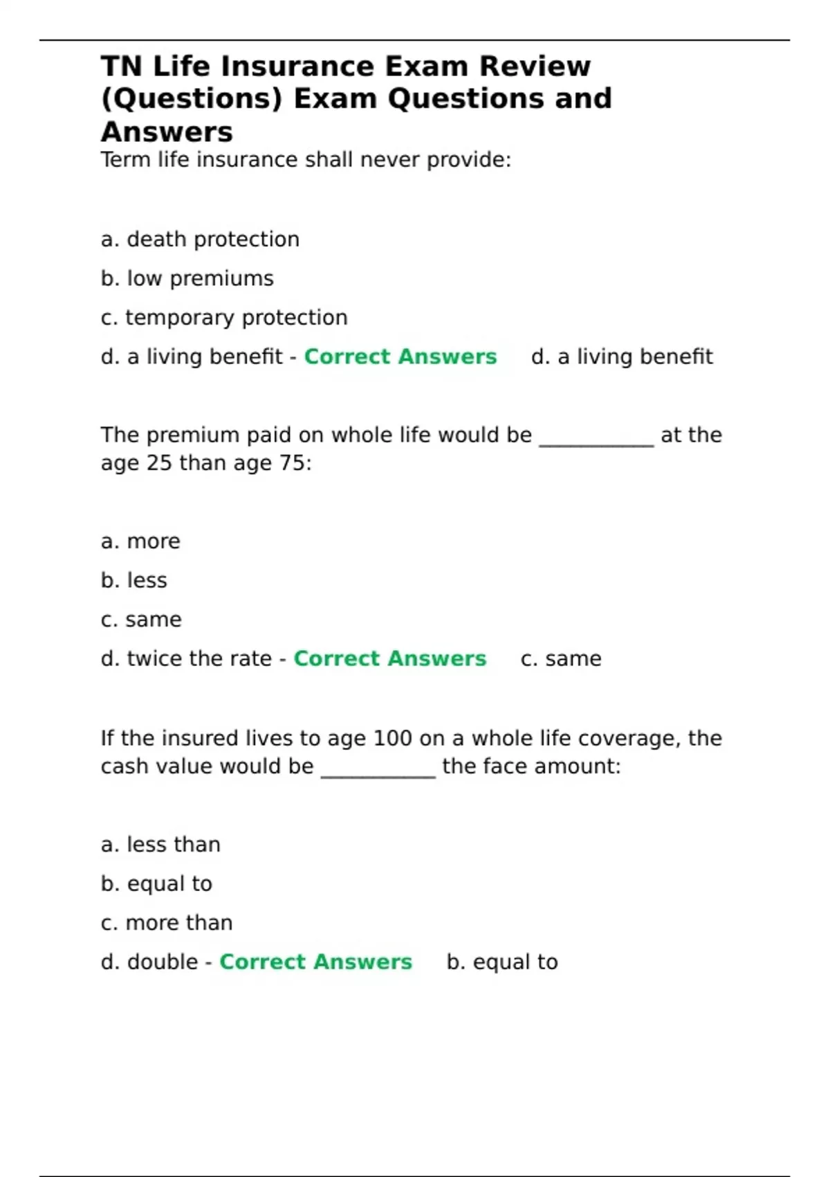 TN Life Insurance Exam Review (Questions) Exam Questions and Answers. - TNS Exm - Stuvia US