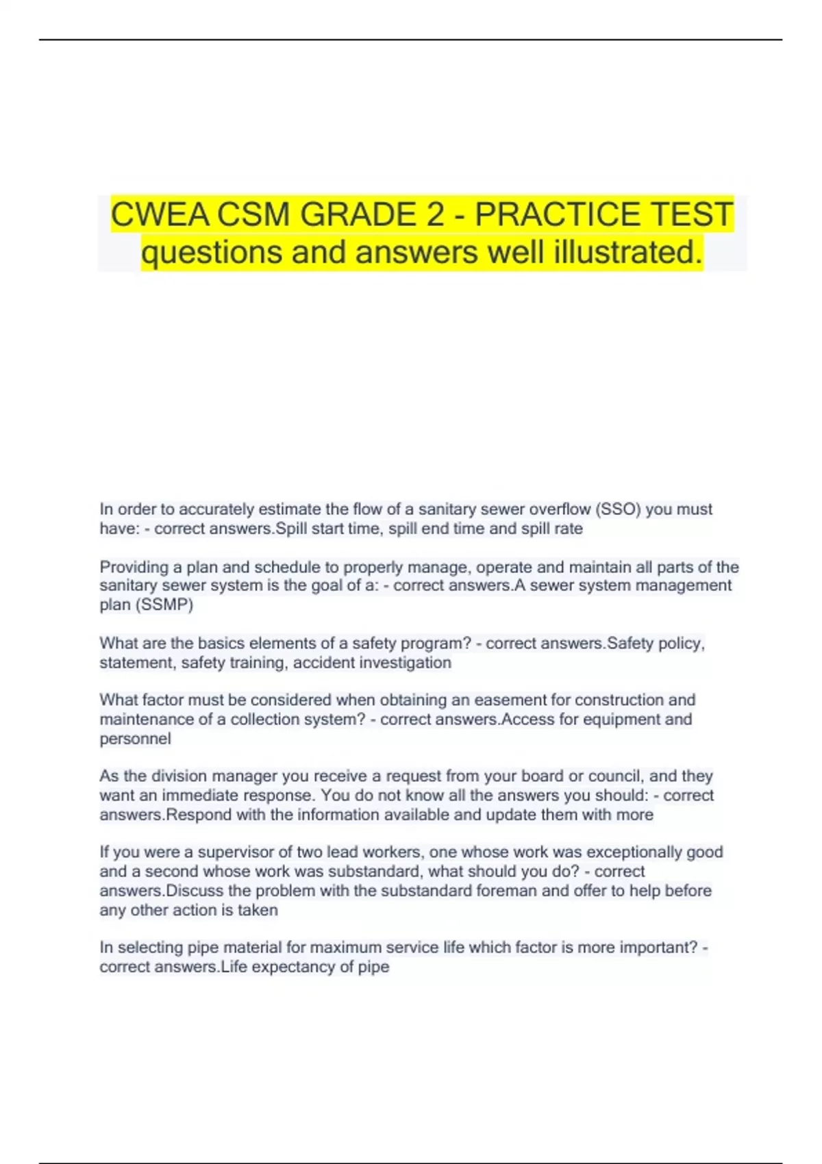 CWEA CSM GRADE 2 - PRACTICE TEST questions and answers well illustrated ...