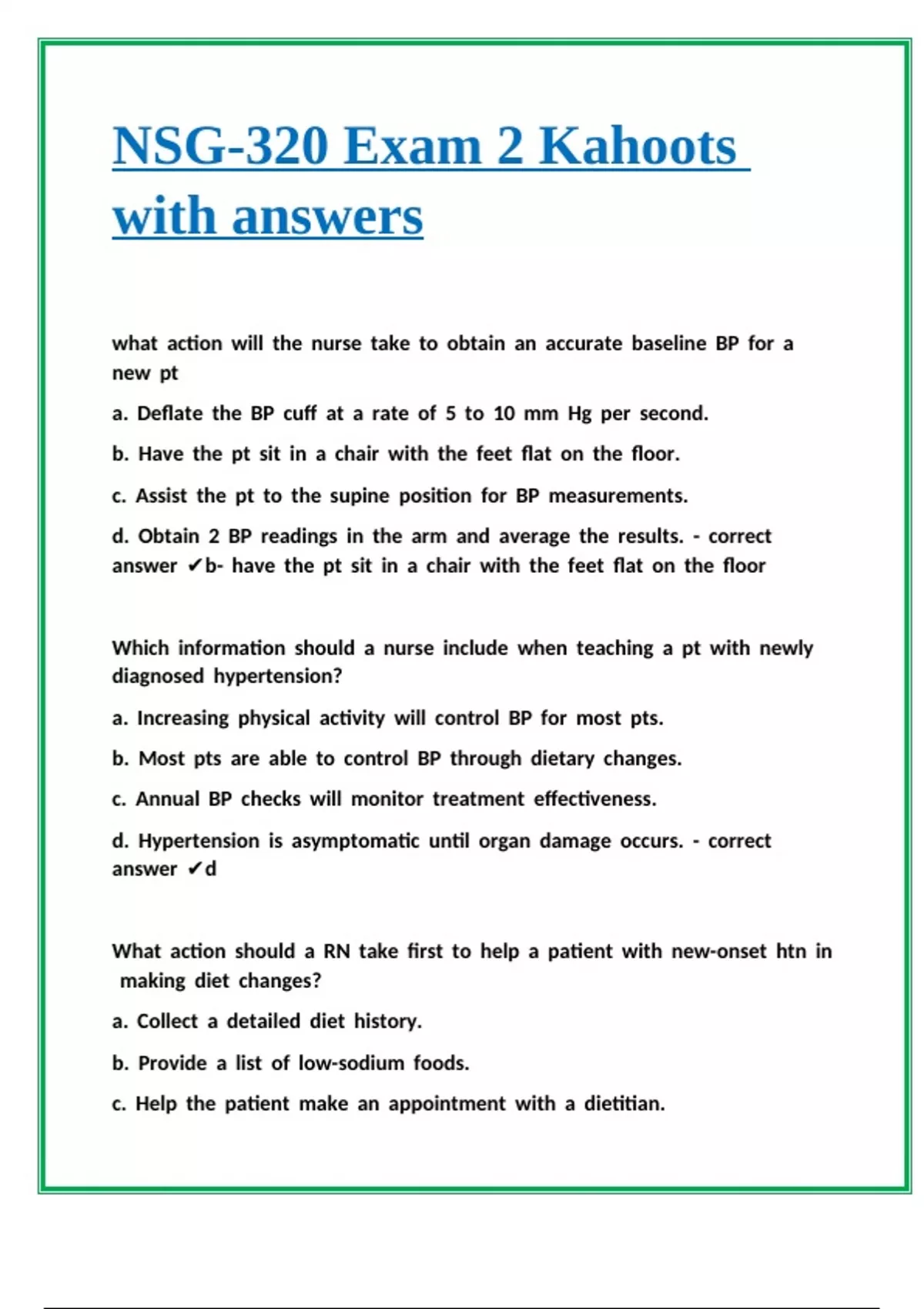 NSG-320 Exam 2 Kahoots with answers - NURS 320 - Stuvia US