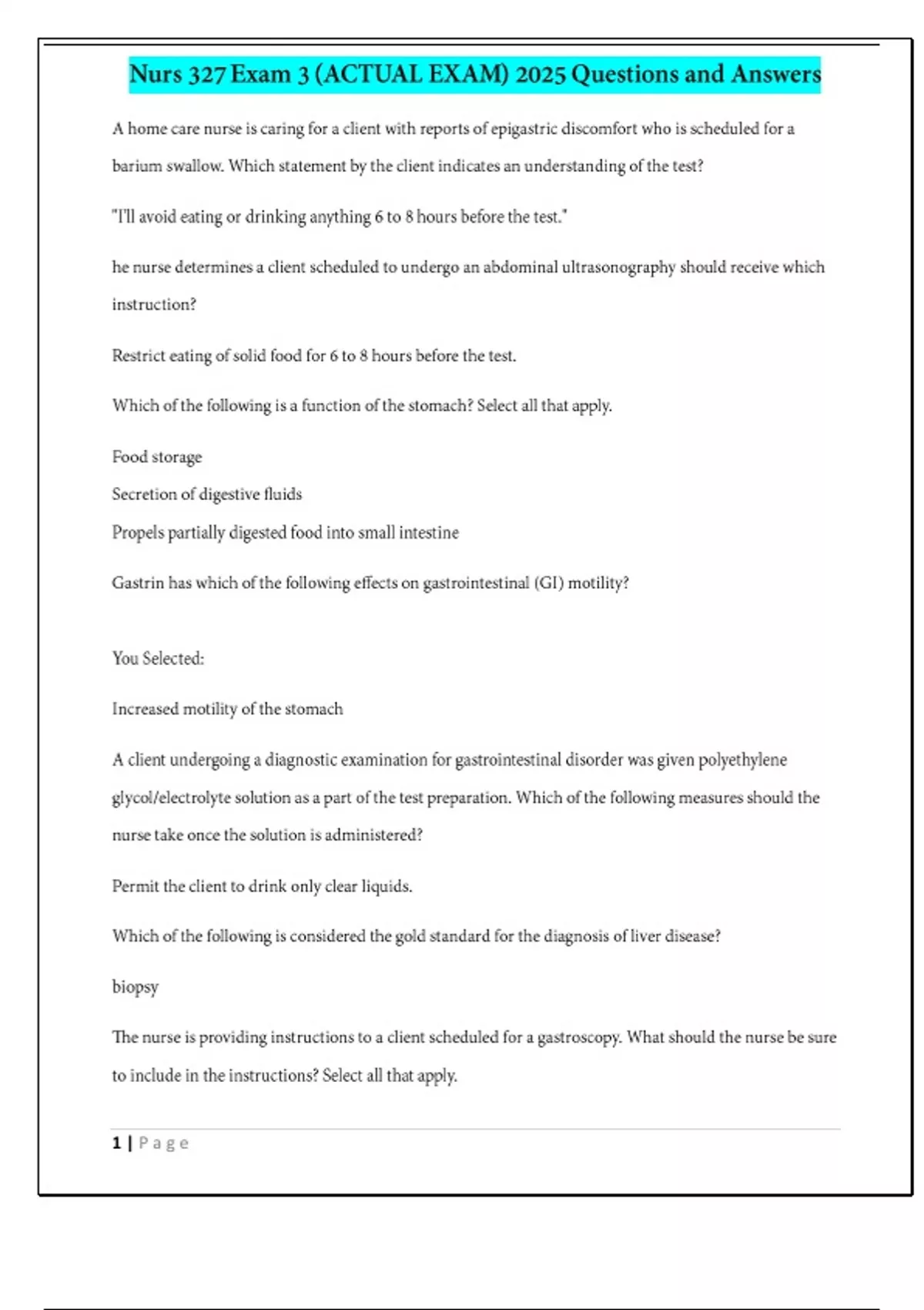 Nurs 327 Exam 3 (ACTUAL EXAM) 2025 Questions and Answers - Nurs 327 ...
