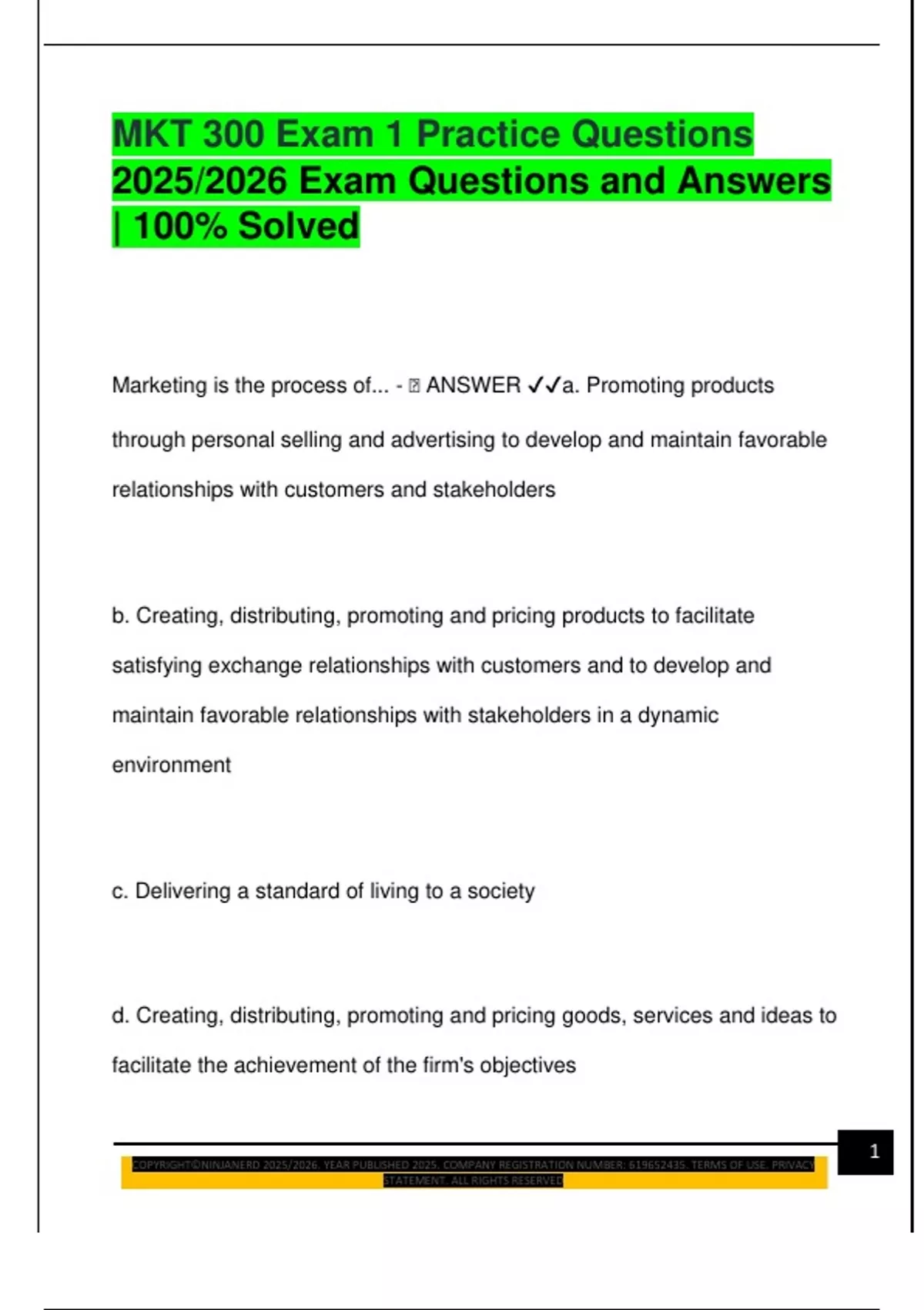 MKT 300 Exam 1 Practice Questions 2025/2026 Exam Questions and Answers ...