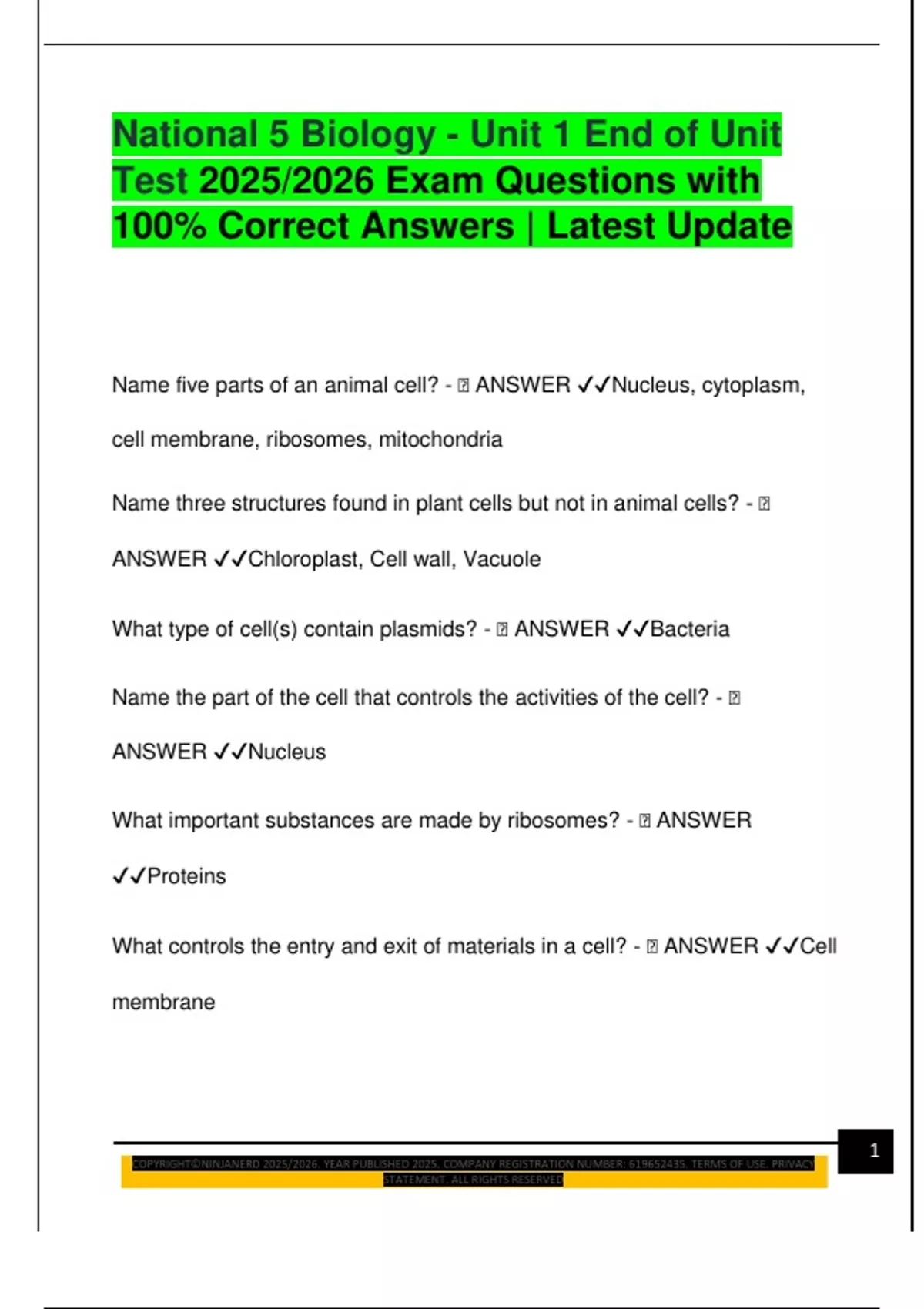 National 5 Biology Unit 1 End Of Unit Test 2025 2026 Exam Questions