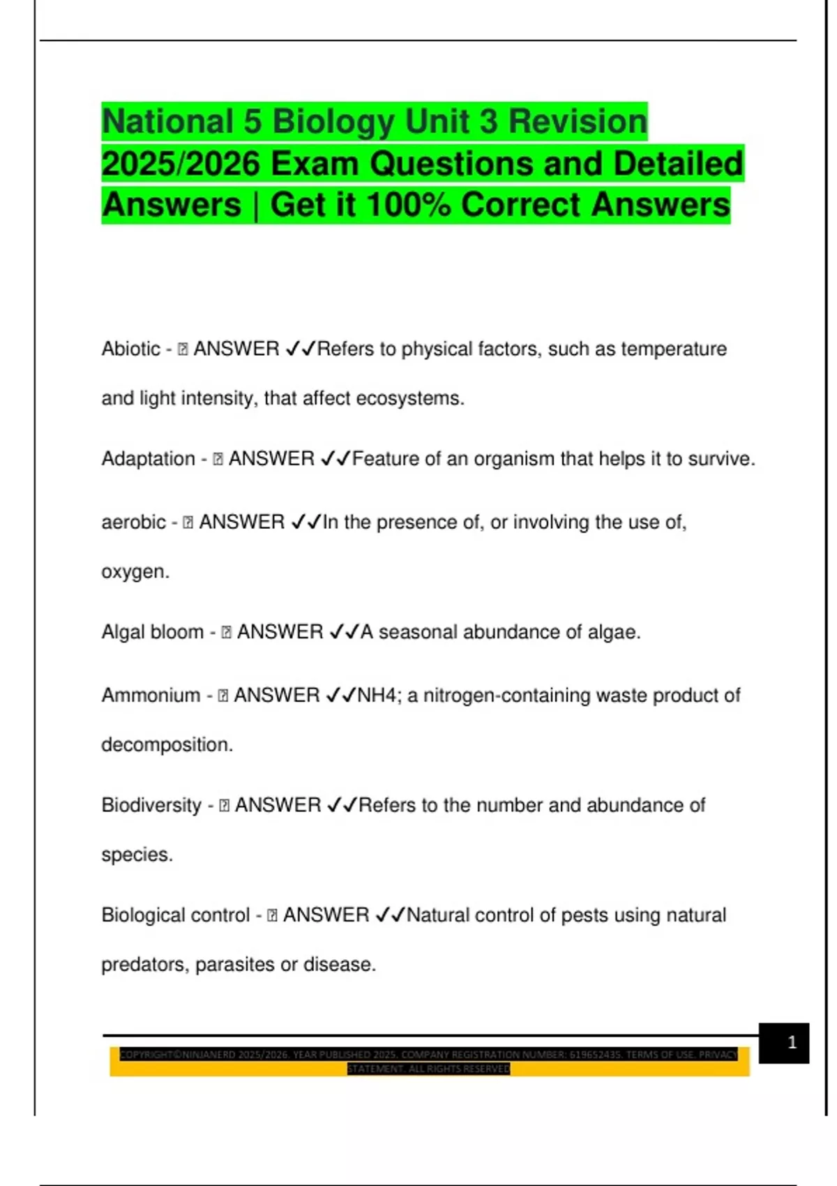 National 5 Biology Unit 3 Revision 2025/2026 Exam Questions and ...