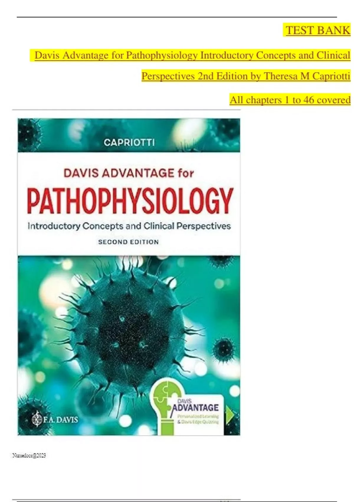 TEST BANK For Davis Advantage for Pathophysiology Introductory Concepts