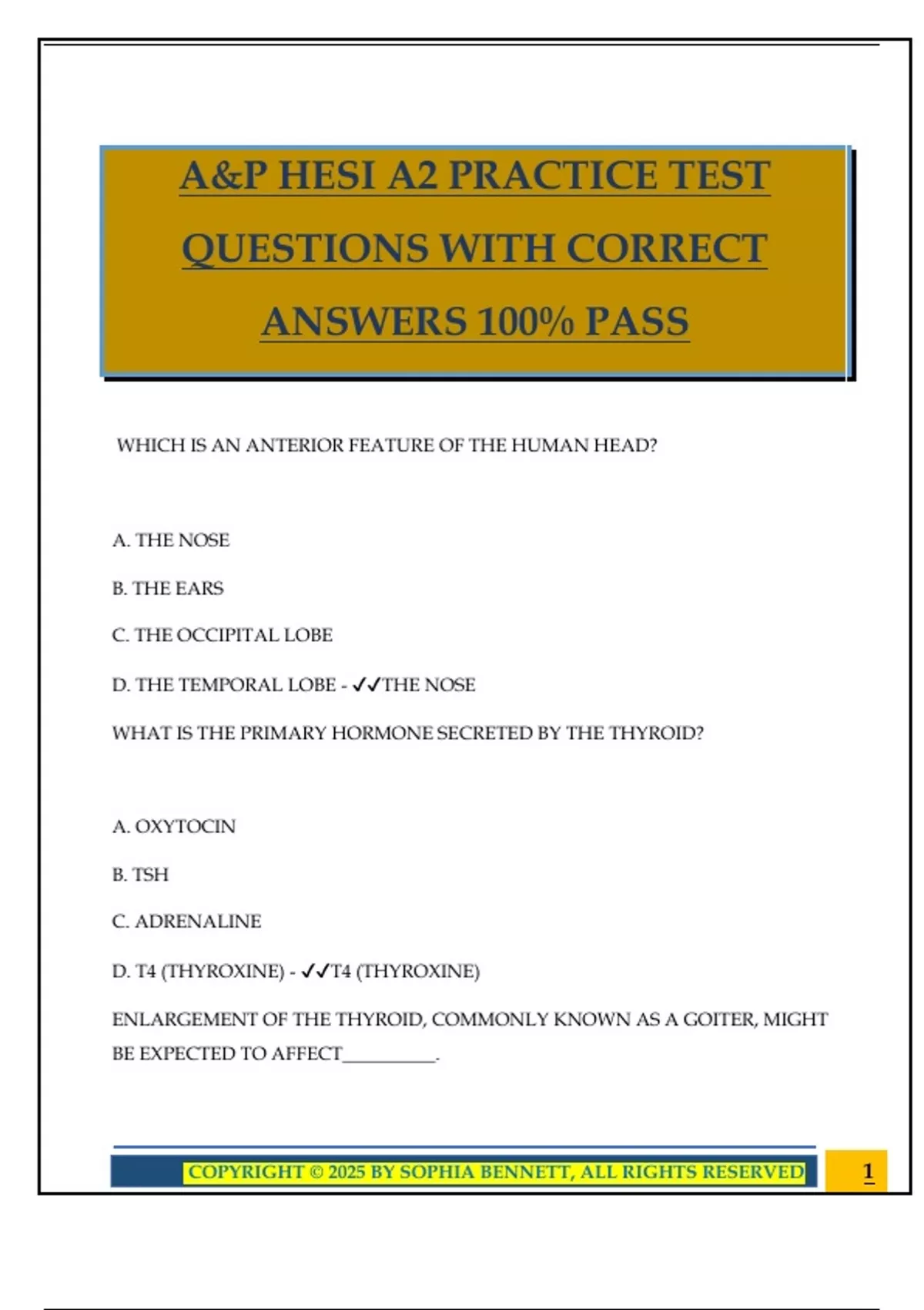 A&P HESI A2 PRACTICE TEST QUESTIONS WITH CORRECT ANSWERS 100% PASS ...