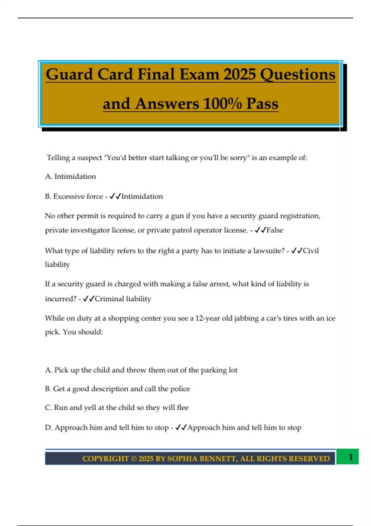 Guard Card Example Questions Guard Card Final Exam 2025 Questions and Answers 100% Pass - Security ...