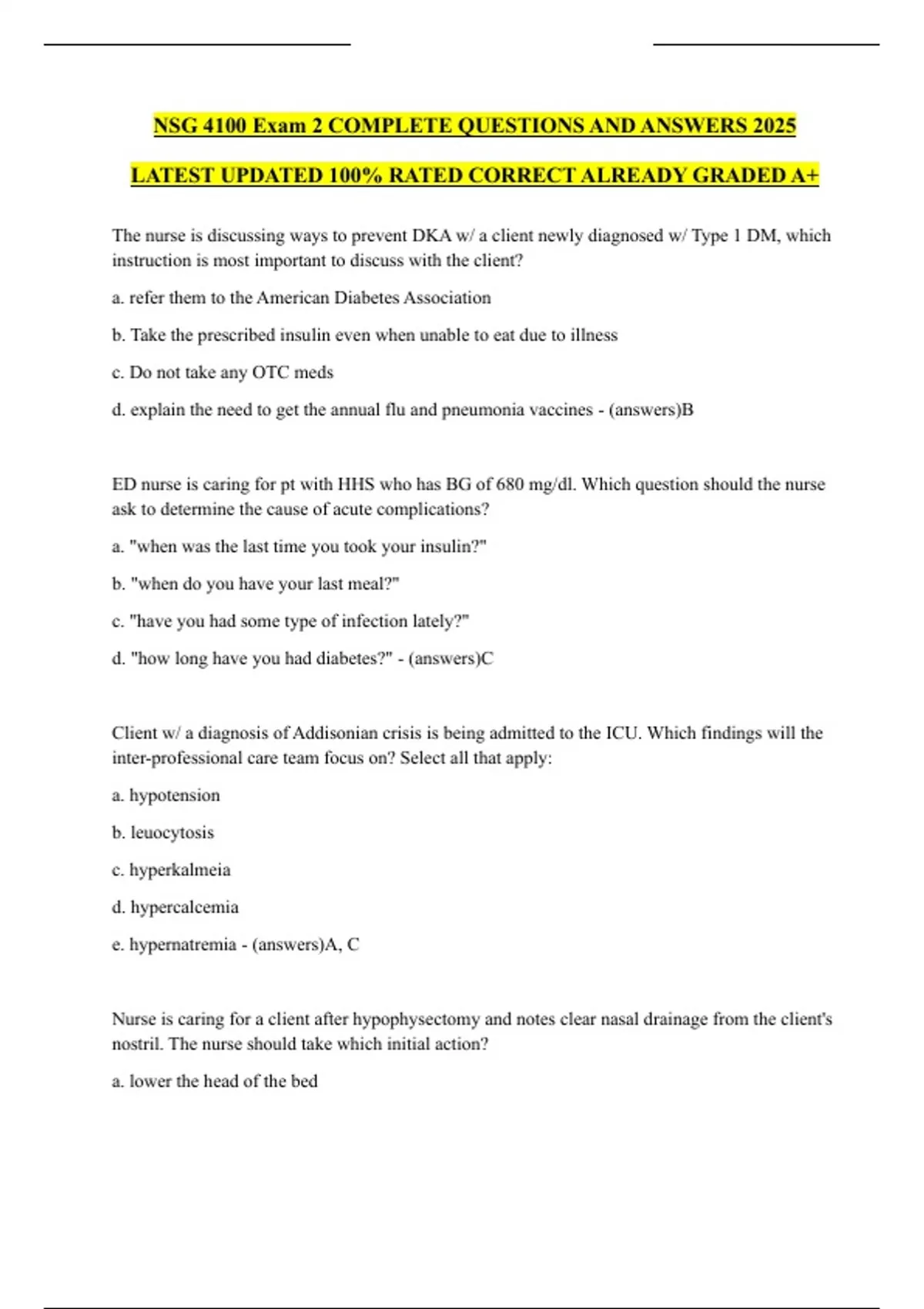 NSG 4100 Exam 2 COMPLETE QUESTIONS AND ANSWERS 2025 LATEST UPDATED 100% ...