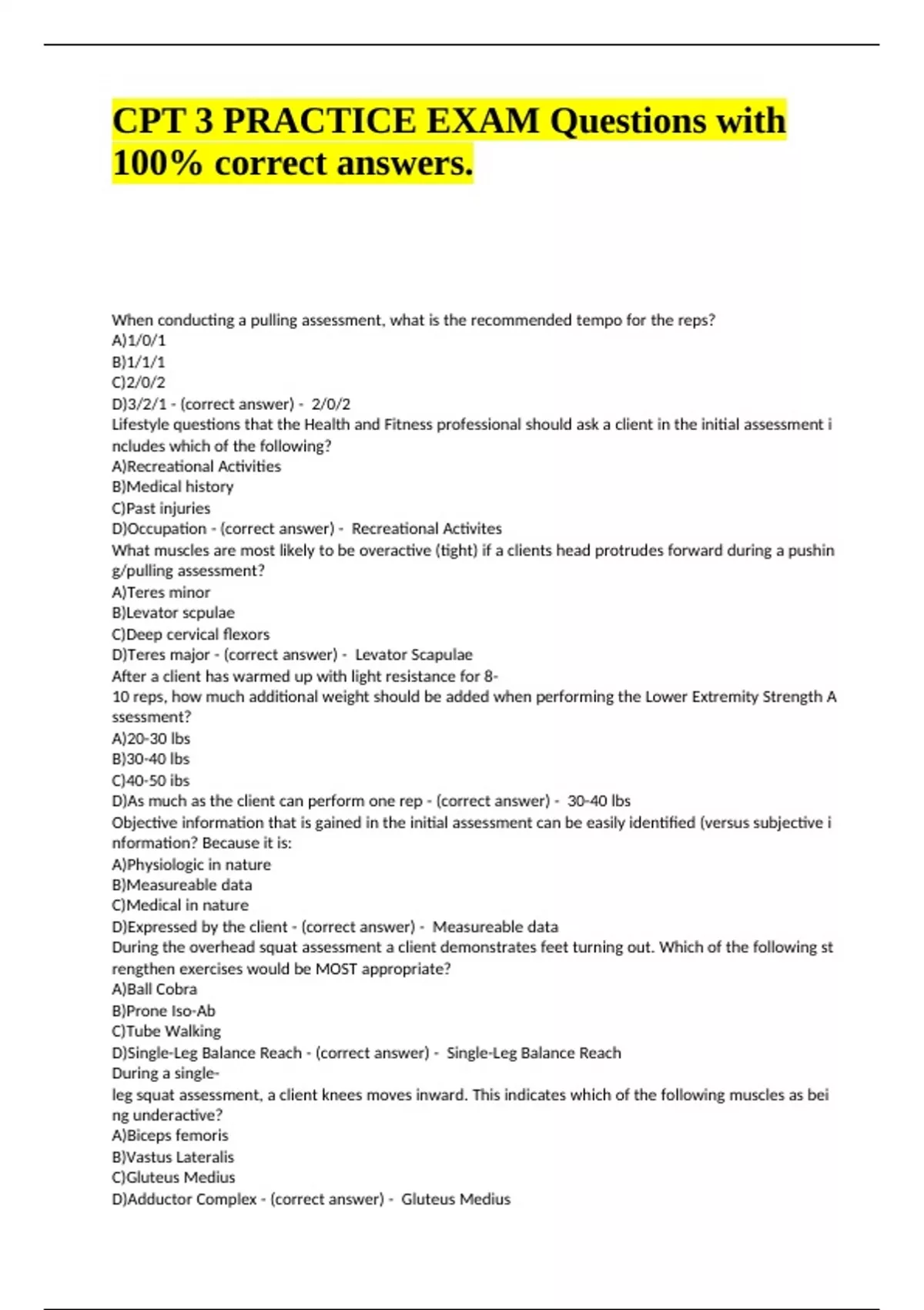 CPT 3 PRACTICE EXAM Questions with 100- correct answers - CPTC - Stuvia US