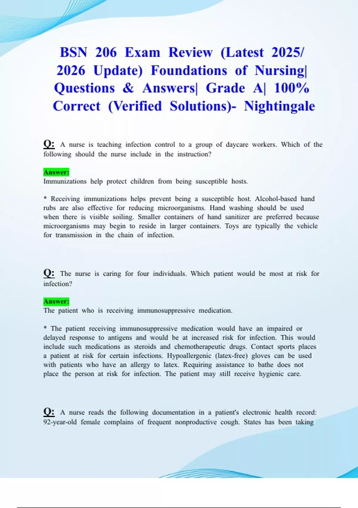 BSN 206 Exam Review (Latest 2025/ 2026 Update) Foundations of Nursing ...