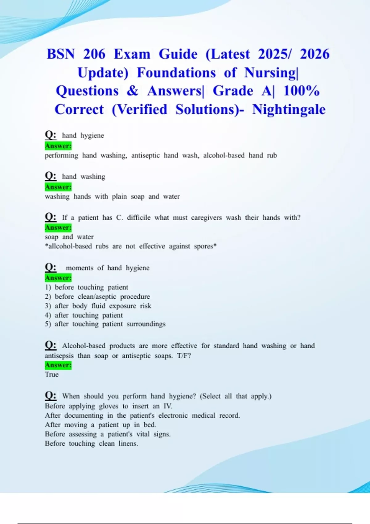 BSN 206 Exam Guide (Latest 2025/ 2026 Update) Foundations of Nursing ...