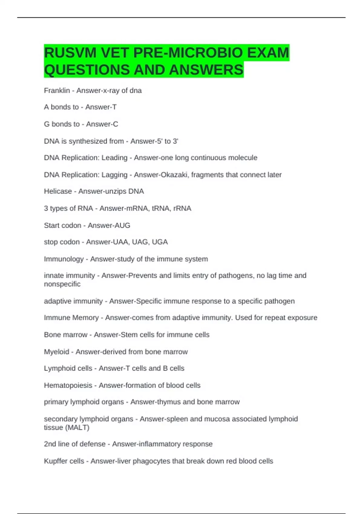 Lab Services Rusvm RUSVM VET PRE-MICROBIO EXAM QUESTIONS AND ANSWERS - Veterinary ...