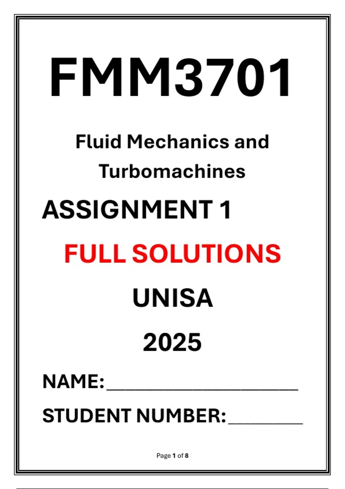 FMM3701 Assignment 1 Complete Solutions UNISA 2025 Fluid Mechanics and ...