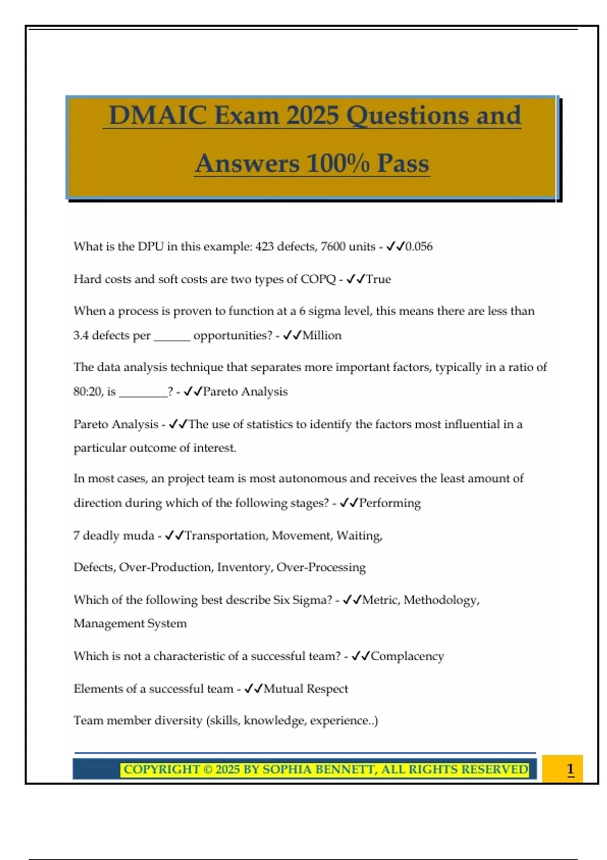 DMAIC Exam 2025 Questions and Answers 100% Pass - Lean Six Sigma Yellow ...
