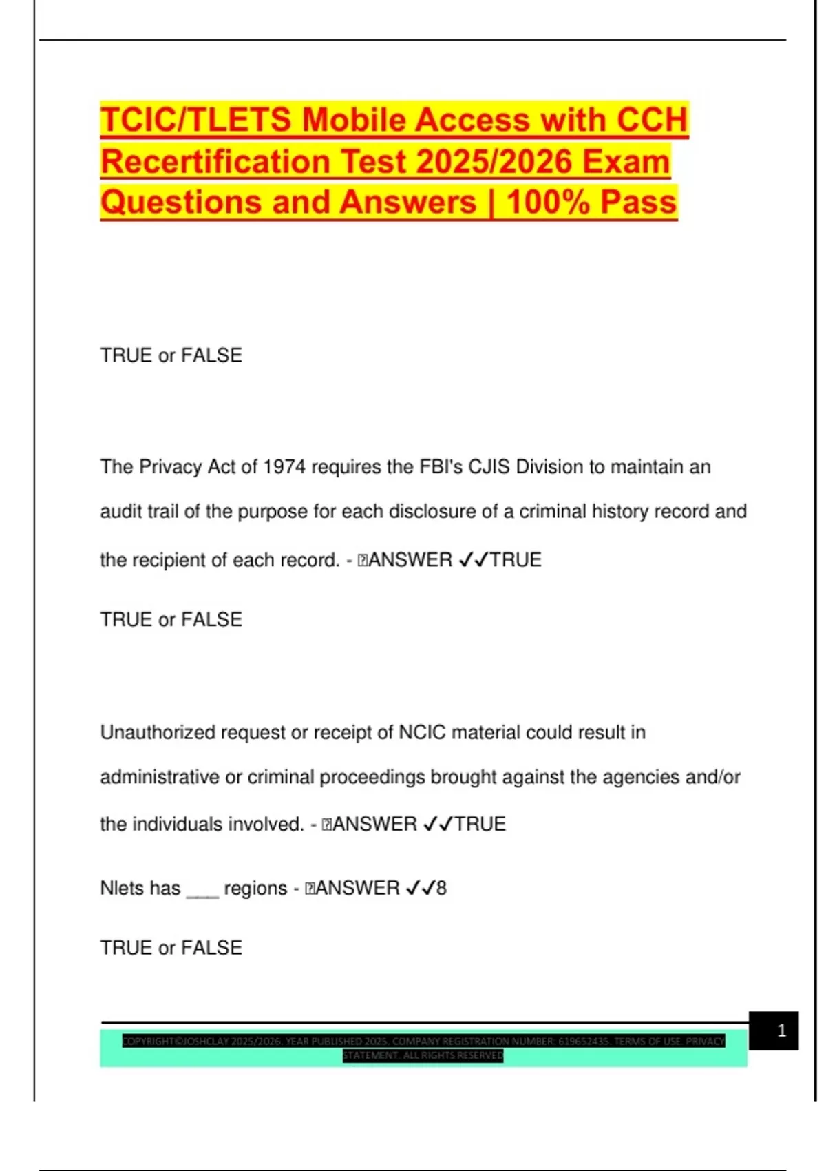 TCIC/TLETS Mobile Access with CCH Recertification Test 2025/2026 Exam ...