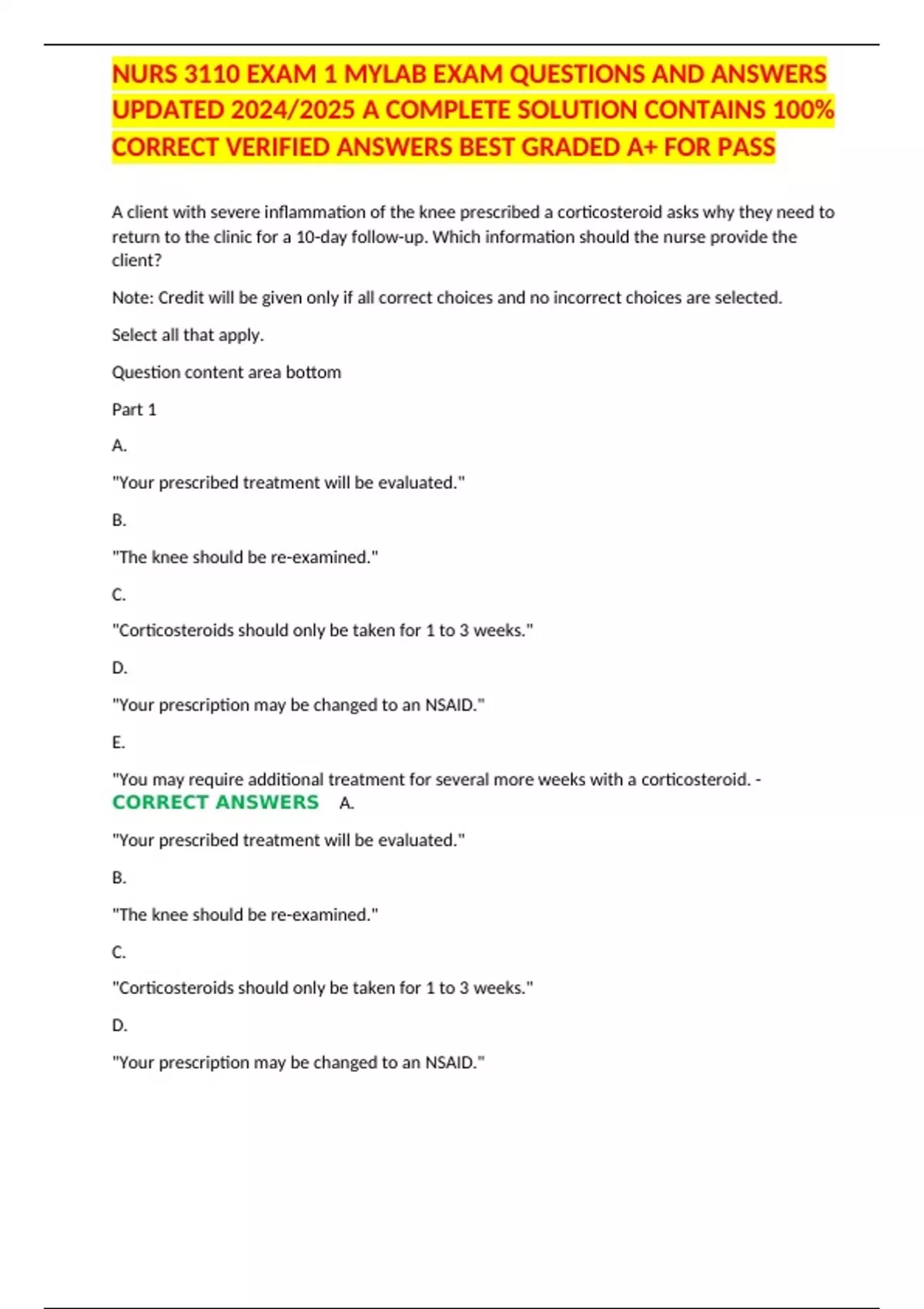 My Lab Questions NURS 3110 EXAM 1 MYLAB EXAM QUESTIONS AND ANSWERS UPDATED 2024/2025 A ...