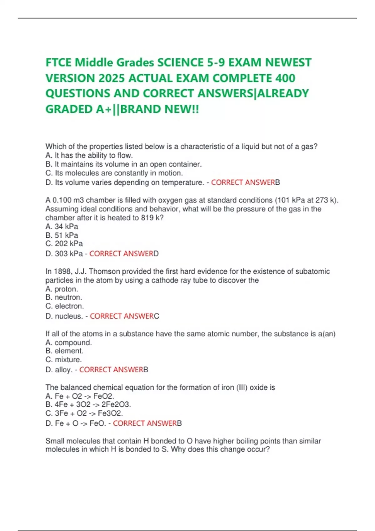 FTCE Middle Grades SCIENCE 5-9 EXAM NEWEST VERSION 2025 ACTUAL EXAM COMPLETE 400 QUESTIONS AND ...