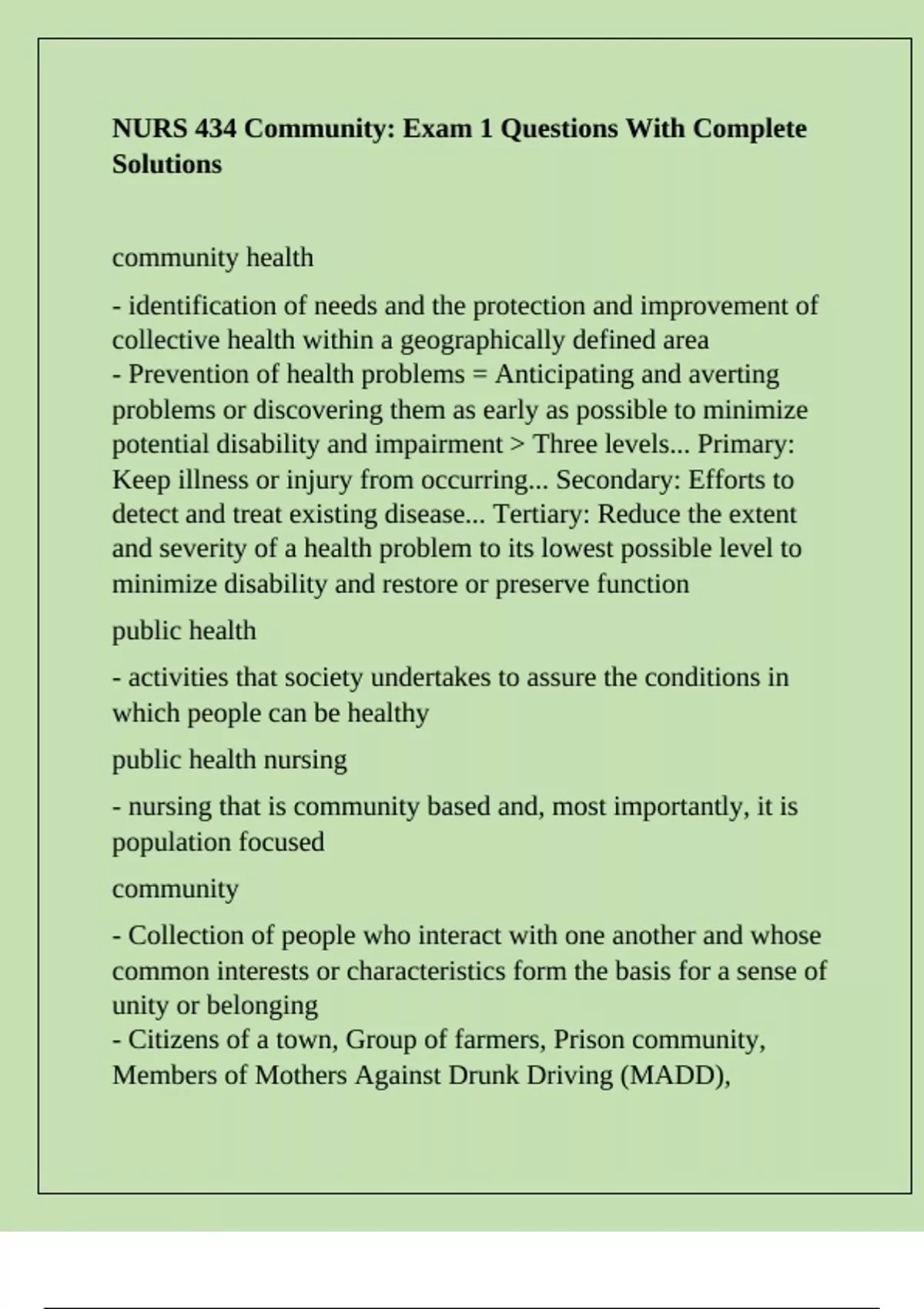 NURS 434 Community: Exam 1 Questions With Complete Solutions - NURS 434 ...