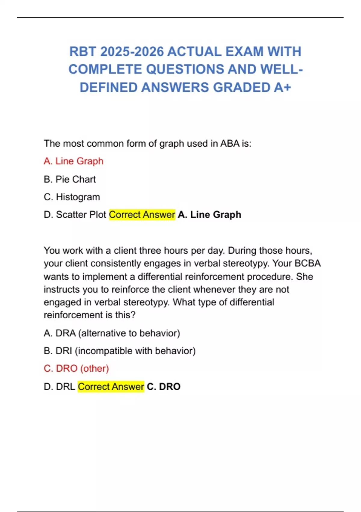 Study Guide Rbt 2025 RBT ACTUAL EXAM WITH COMPLETE QUESTIONS AND WELL-DEFINED ANSWERS GRADED ...
