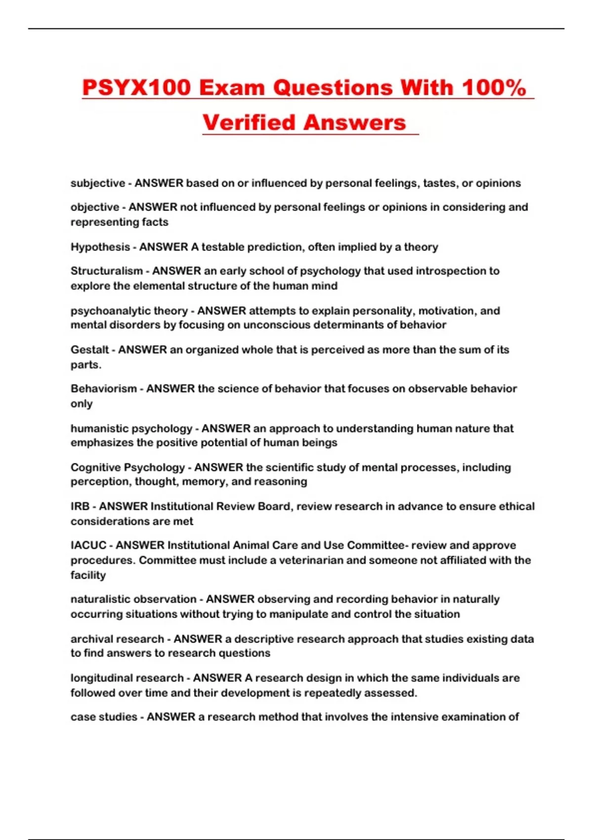 PSYX100 Exam Questions With 100% Verified Answers - PSYX100 - Stuvia US