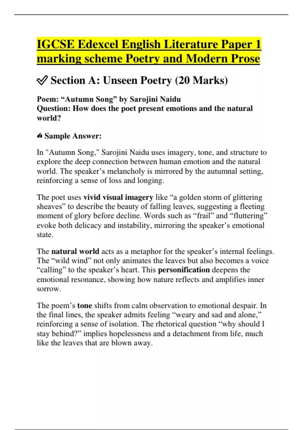 IGCSE Edexcel English Literature Paper 1 marking scheme Poetry and ...