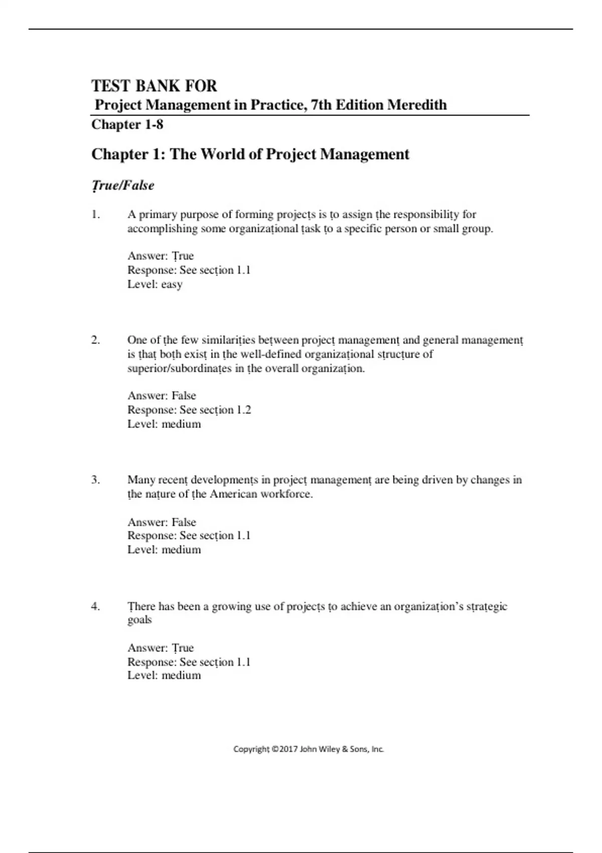 TEST BANK For Project Management in Practice, 7th Edition by Jack R ...
