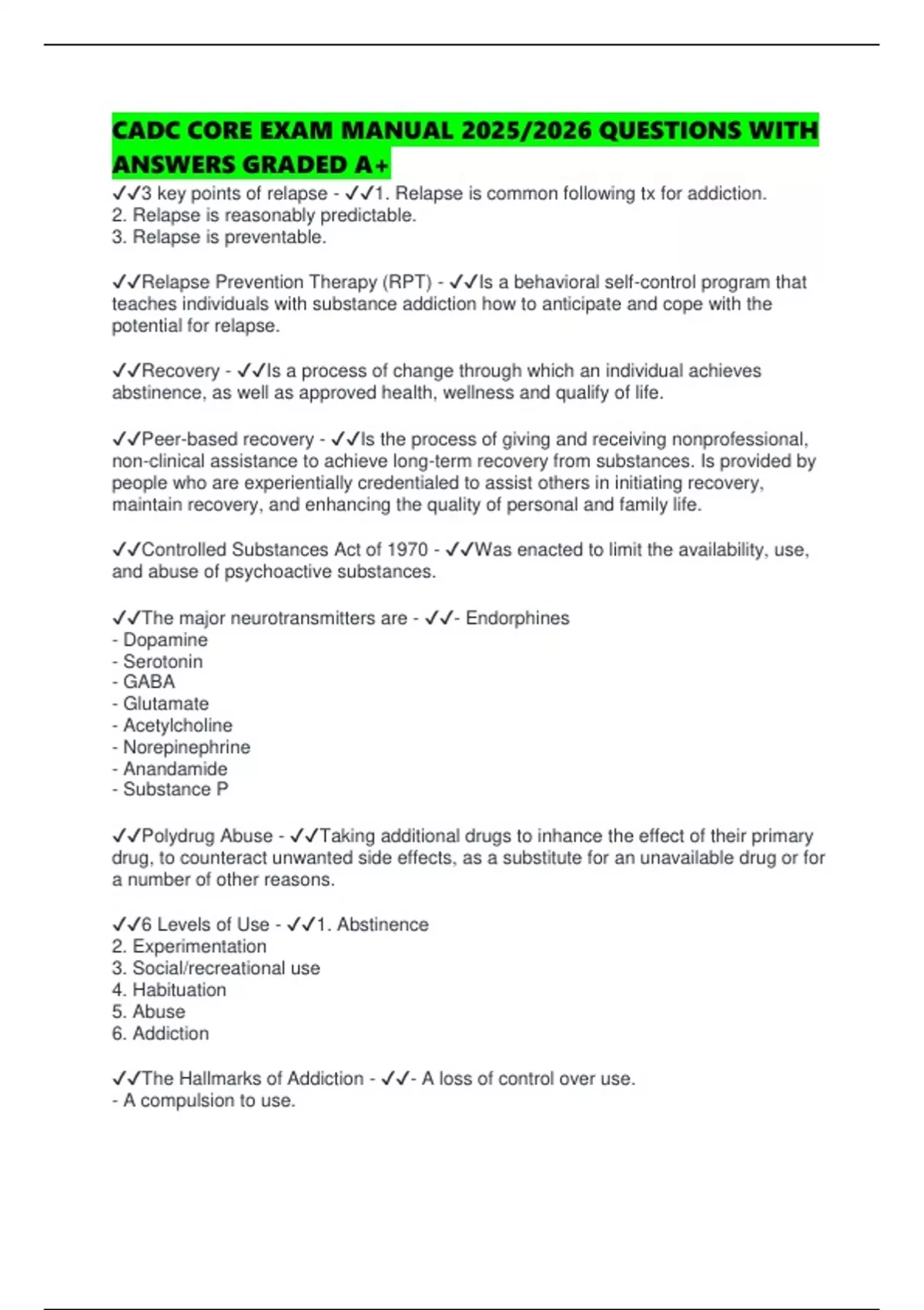 CADC CORE EXAM MANUAL 2025/2026 QUESTIONS WITH ANSWERS GRADED A+ - CADC ...