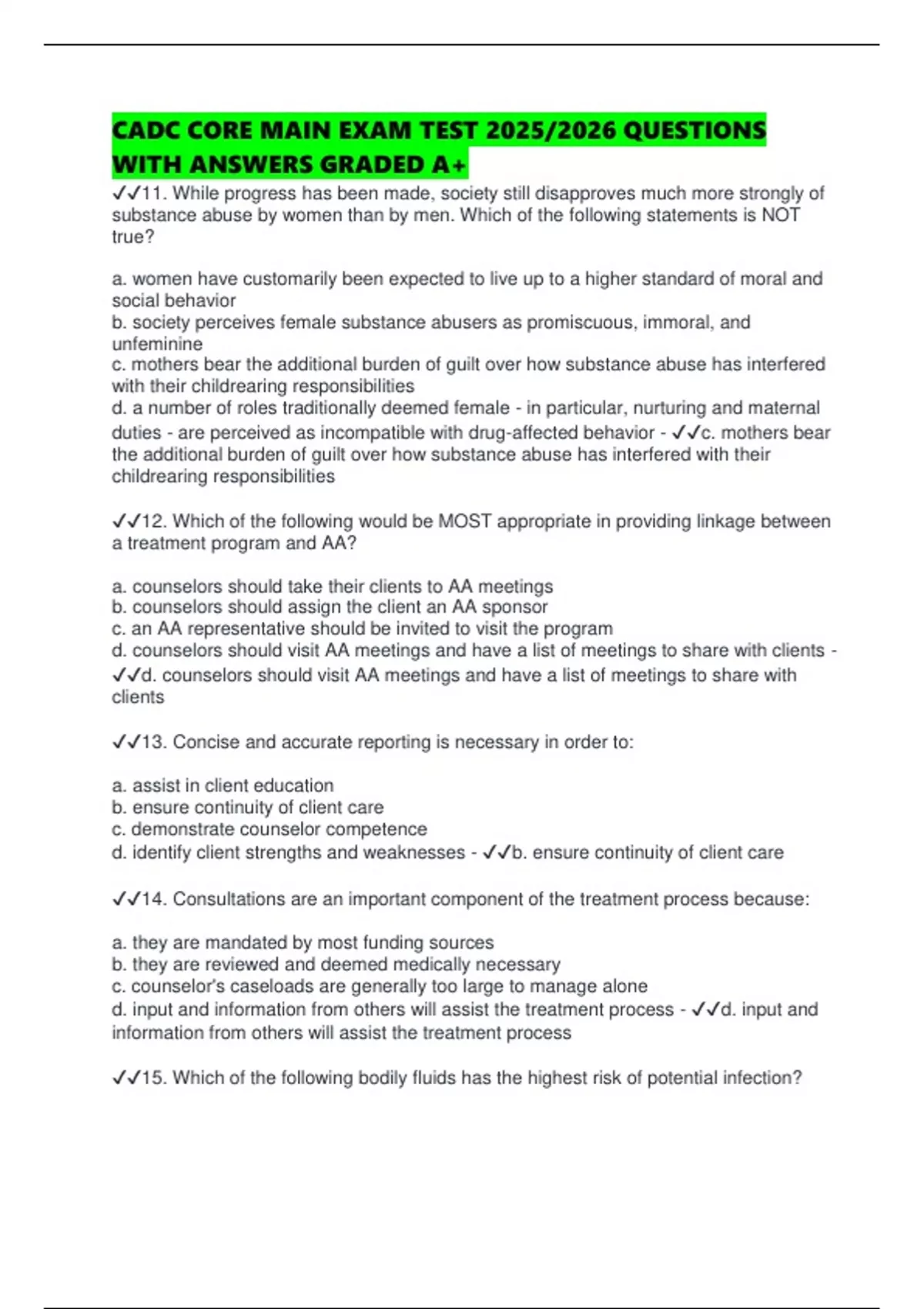 CADC CORE MAIN EXAM TEST 2025/2026 QUESTIONS WITH ANSWERS GRADED A+ ...