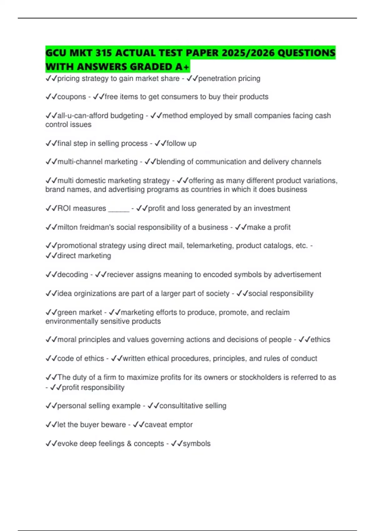 GCU MKT 315 ACTUAL TEST PAPER 2025/2026 QUESTIONS WITH ANSWERS GRADED ...