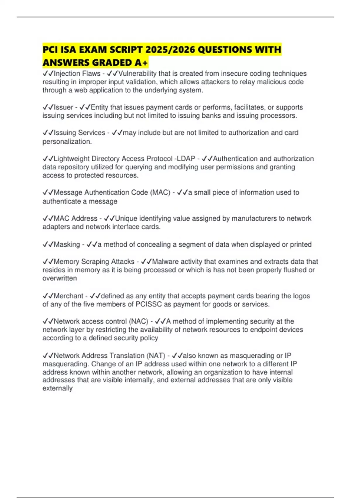 PCI ISA EXAM SCRIPT 2025/2026 QUESTIONS WITH ANSWERS GRADED A+ - PCIDSS ...