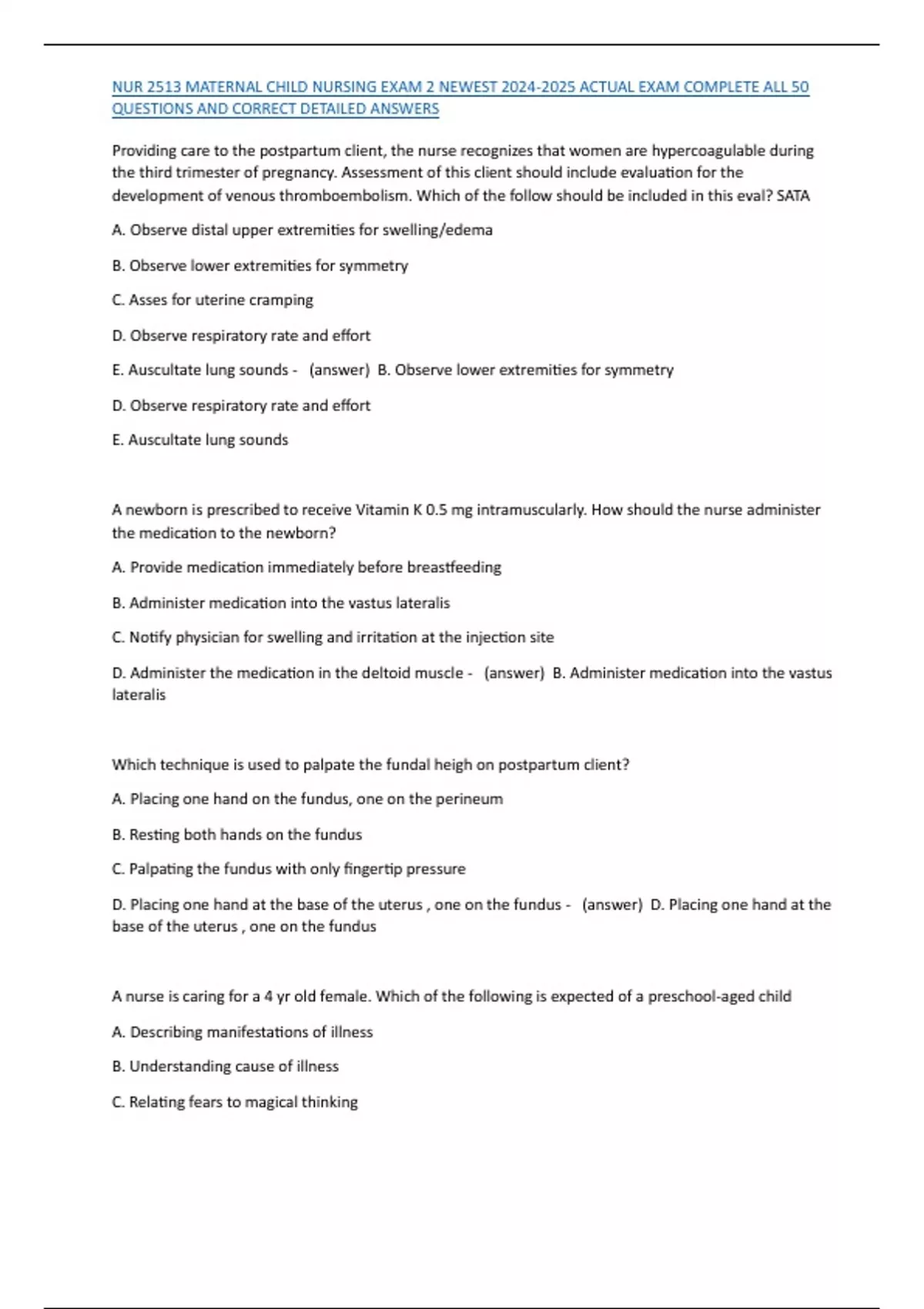 NUR 2513 MATERNAL CHILD NURSING EXAM 2 NEWEST ACTUAL EXAM COMPLETE ALL ...