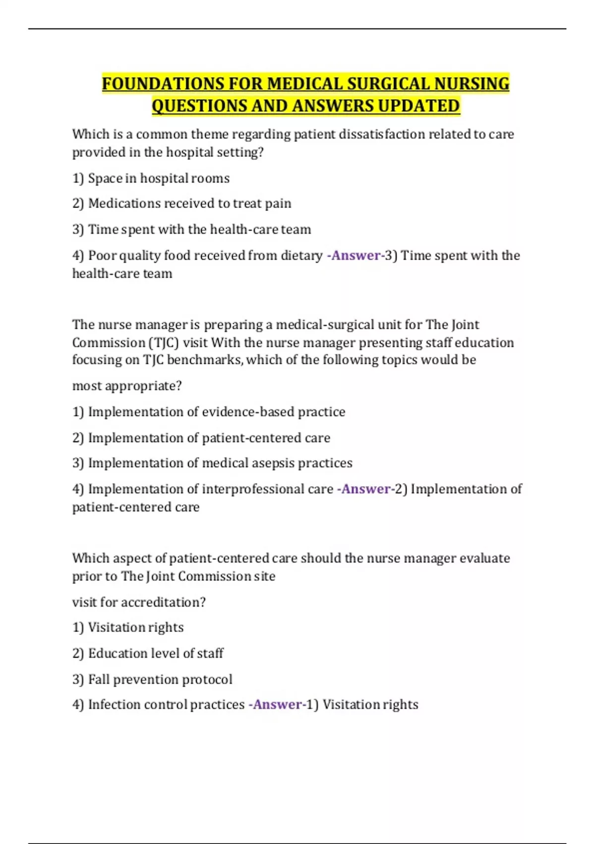 FOUNDATIONS FOR MEDICAL SURGICAL NURSING QUESTIONS AND ANSWERS UPDATED ...