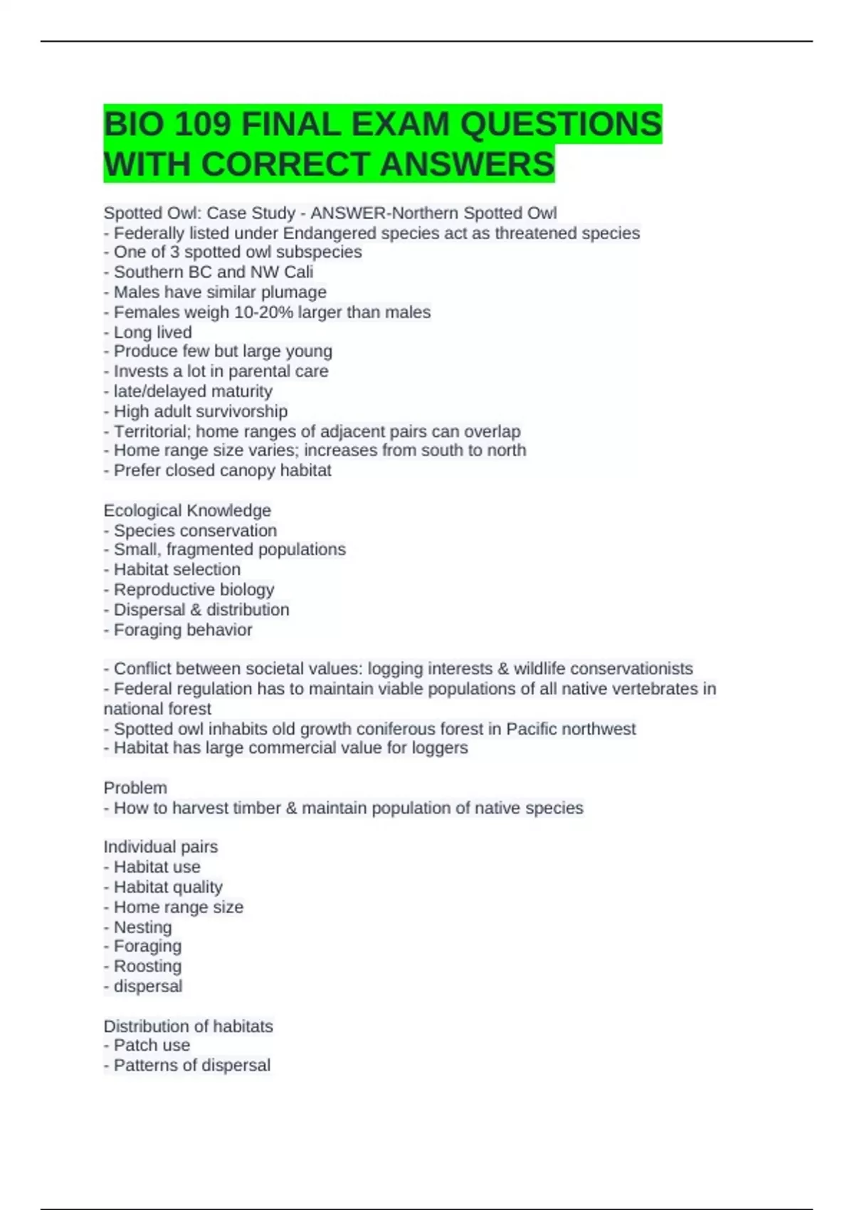 BIO 109 FINAL EXAM QUESTIONS WITH CORRECT ANSWERS - Biology 109 - Stuvia US