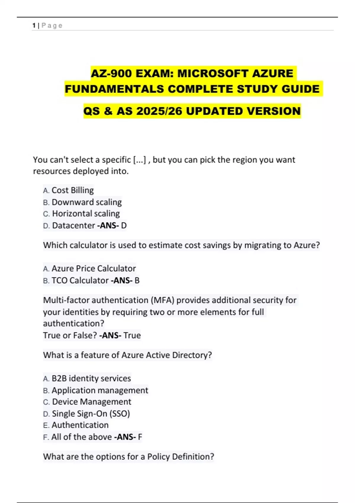 AZ-900 EXAM: MICROSOFT AZURE FUNDAMENTALS COMPLETE STUDY GUIDE QS & AS ...
