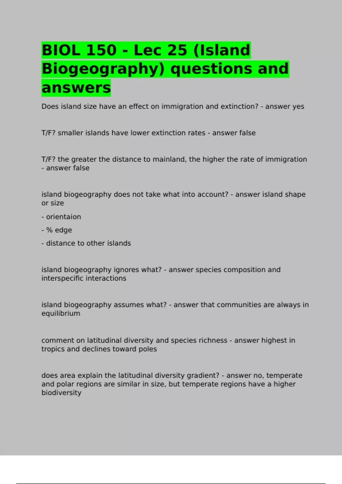 BIOL 150 - Lec 25 (Island Biogeography) questions and answers - Biol ...