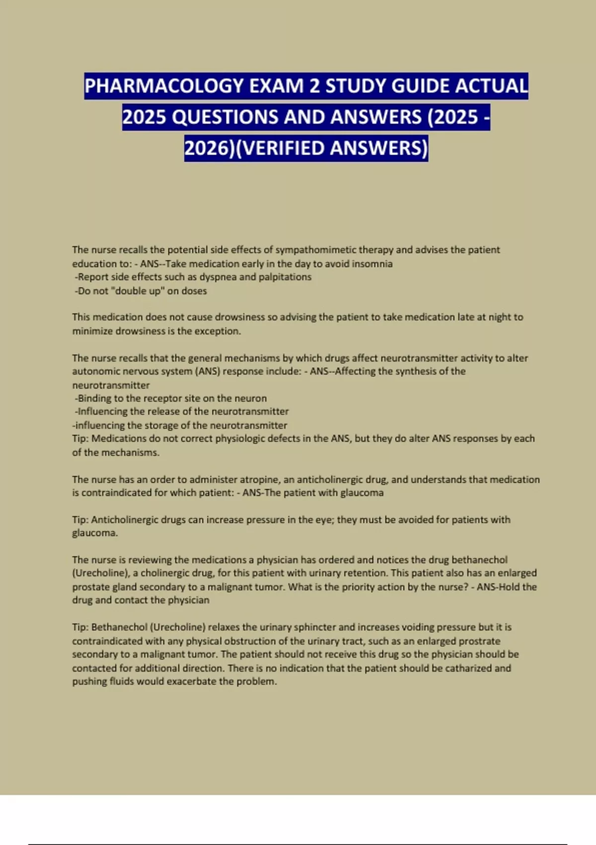 PHARMACOLOGY EXAM 2 STUDY GUIDE ACTUAL 2025 QUESTIONS AND ANSWERS ...