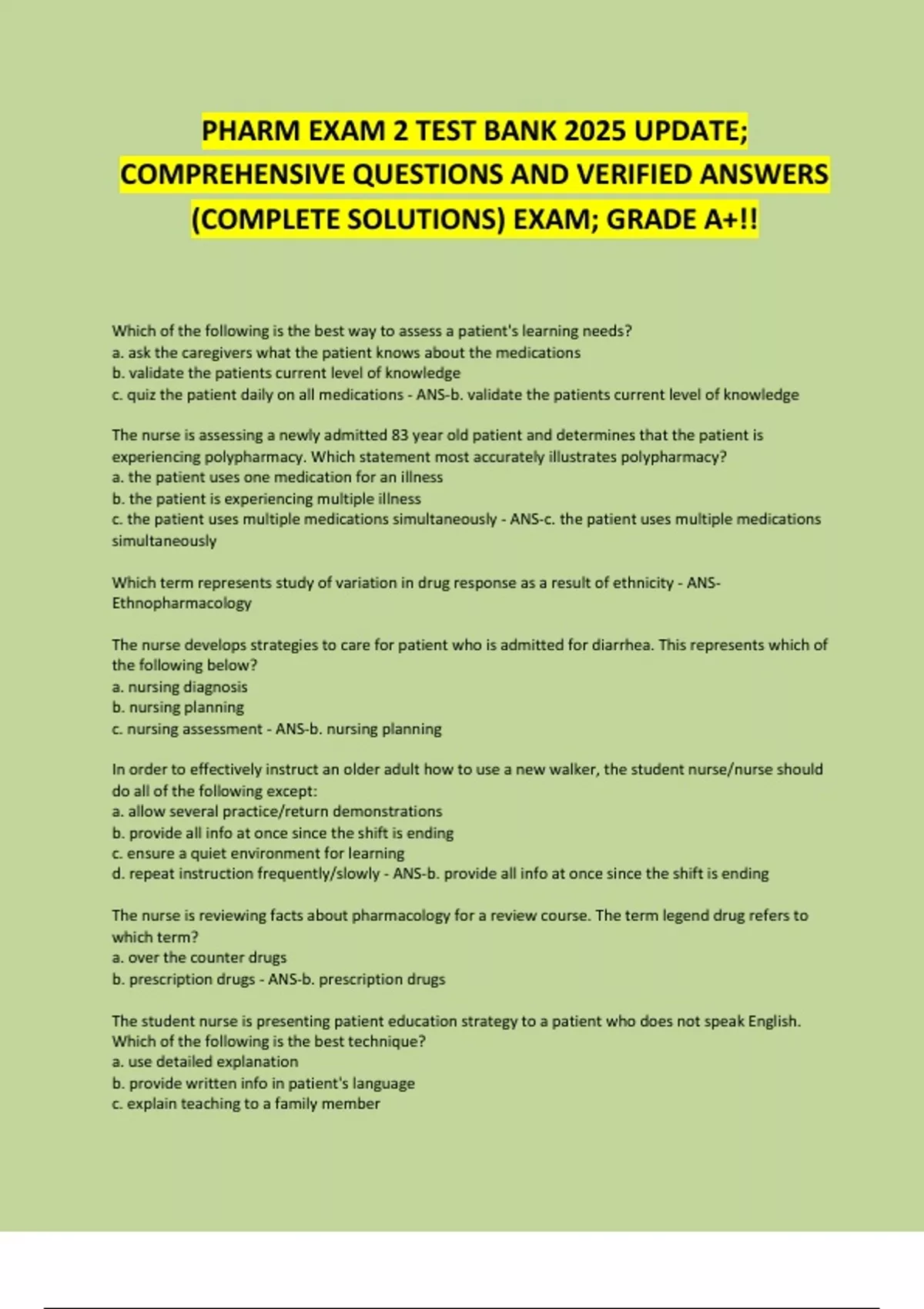 PHARM EXAM 2 TEST BANK 2025 UPDATE; COMPREHENSIVE QUESTIONS AND ...