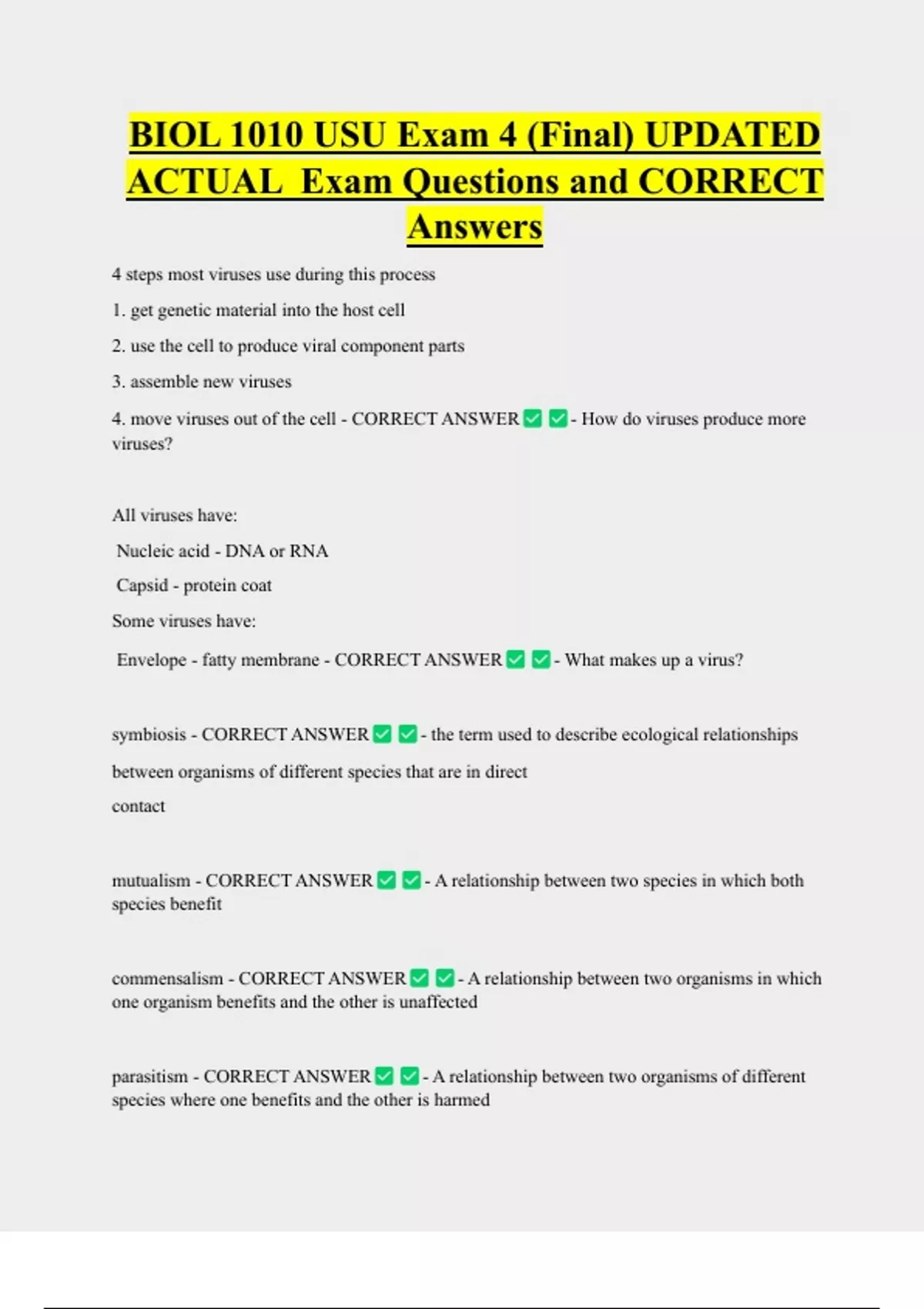 BIOL 1010 USU Exam 4 (Final) UPDATED ACTUAL Exam Questions and CORRECT ...