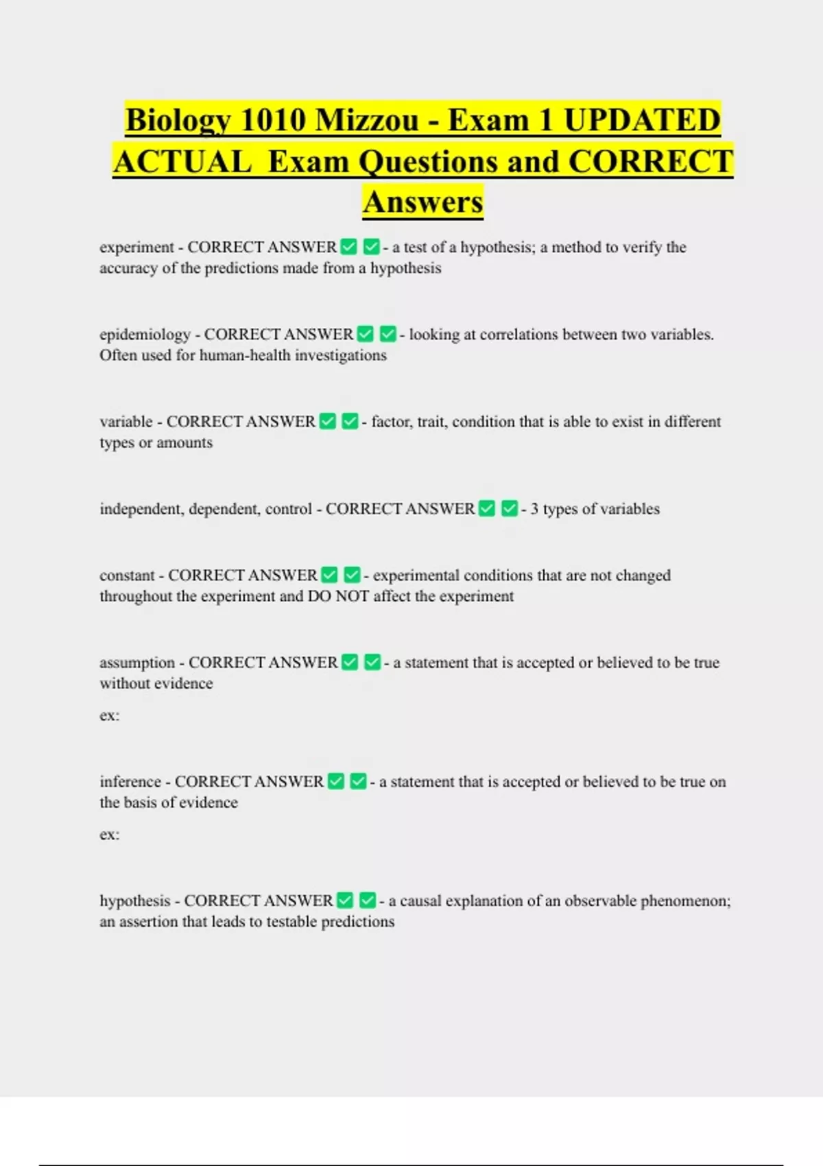 Biology 1010 Mizzou - Exam 1 UPDATED ACTUAL Exam Questions and CORRECT ...